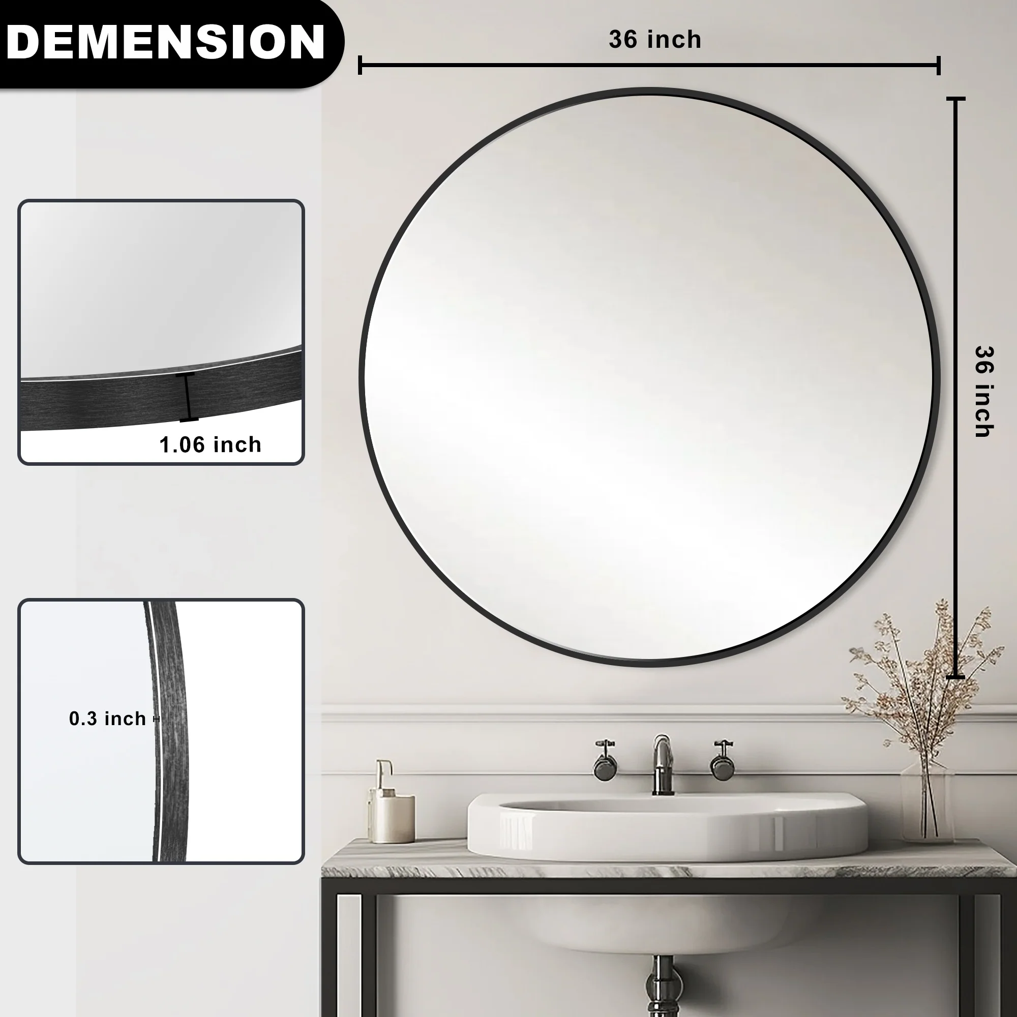 Modern Round Bathroom Vanity Mirror, Wall Mounted Circular Mirror for Bathroom, Bedroom and Home Decor - Image 43
