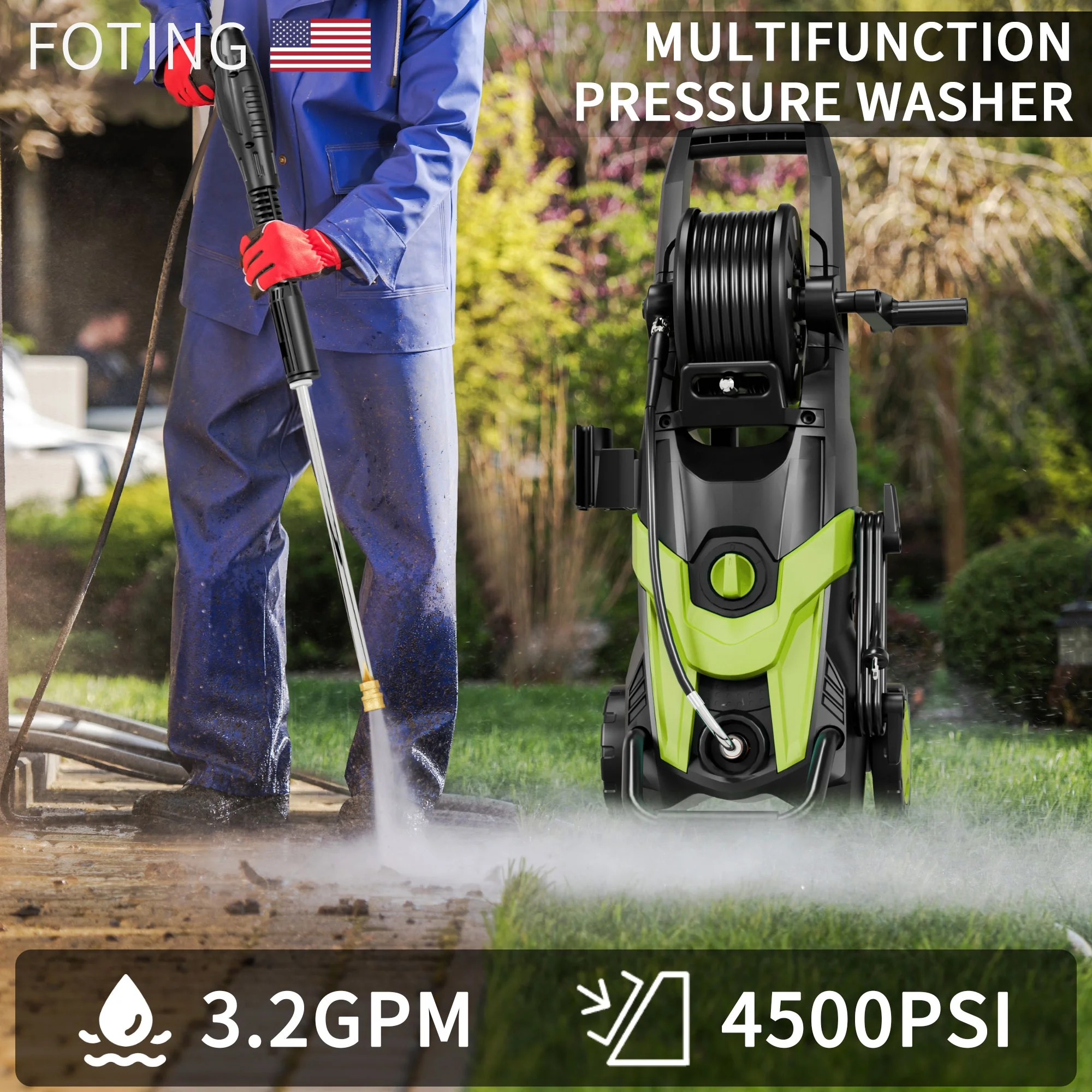 FOTING Electric Pressure Washer, 4500 PSI 3.2 GPM Power Washer with 4 Quick Connect Nozzles, High Pressure Cleaning Machine with Foam Cannon for Cars/Fences/Driveways/Patios/Home Cleaning - Image 9