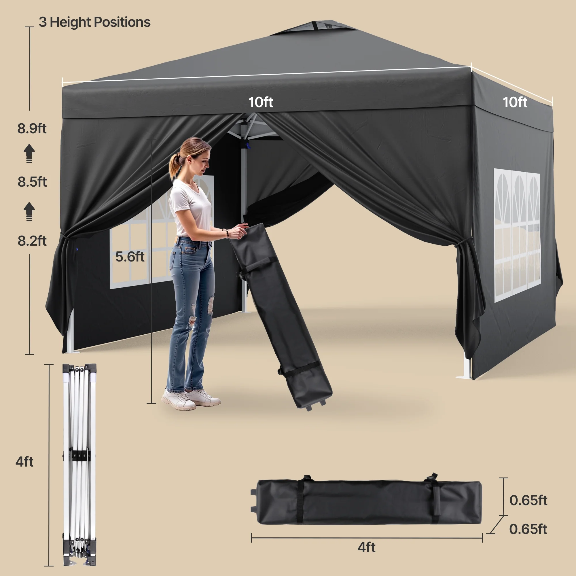 10'x10' Pop-up Canopy Tent with 4 Removable Sidewalls -?Lofka Portable Outdoor Canopy with 4 Sandbags, 8 Stakes & Ropes -?Perfect for Beach, Party, Patio & Yard Events, Black - Image 2