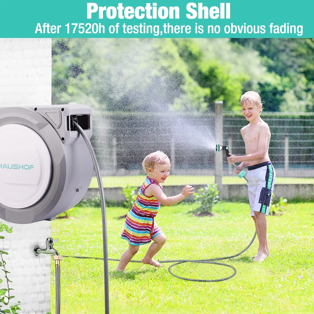 HAUSHOF 1/2" x 100 ft Retractable Garden Hose Reel with Automatic Rewind, 10-Pattern Spray Nozzle, Durable High-Pressure Hose, and 180- Swivel Bracket -C Perfect for Watering Gardens, Cleaning Patios - Image 5