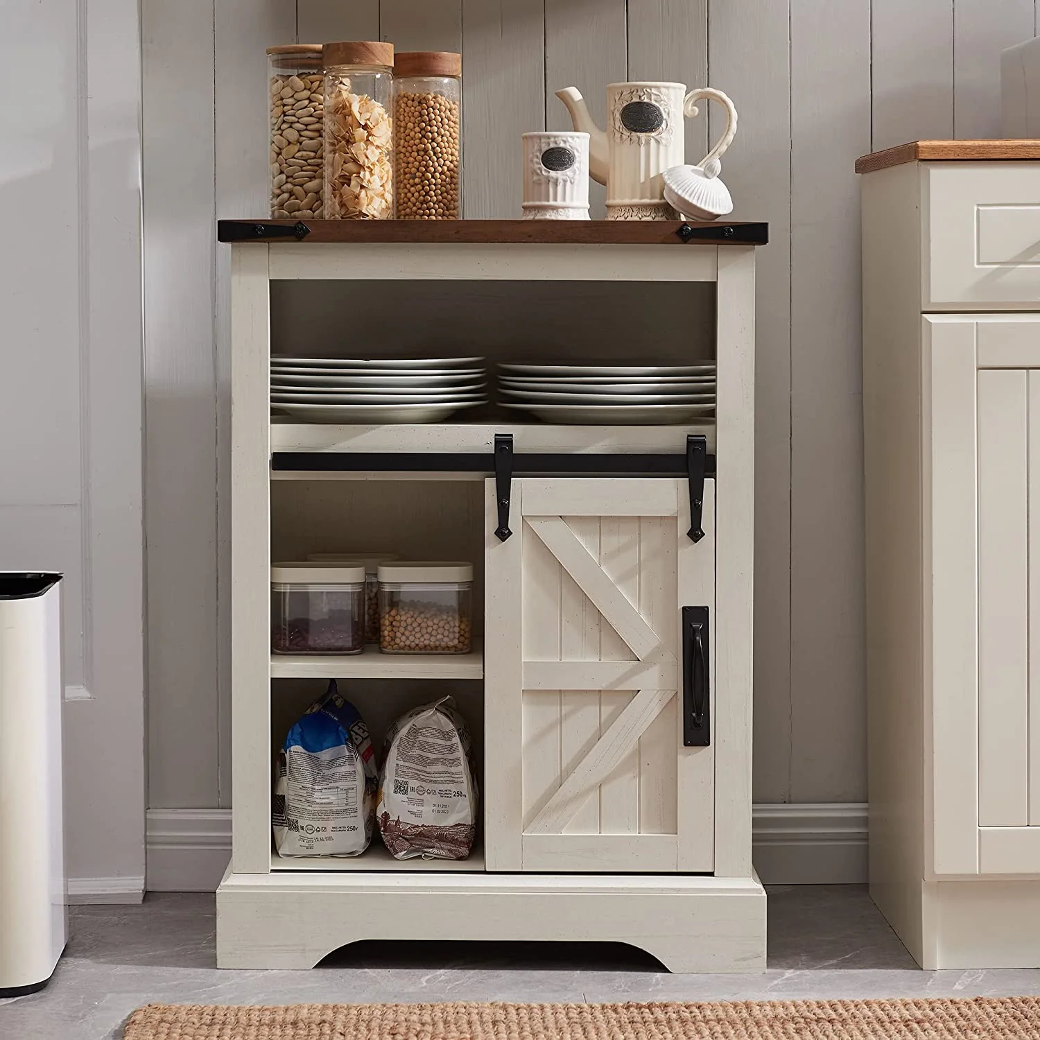 OKD Farmhouse Bathroom Storage Cabinet with 3 Drawers and Adjustable Shelves Wooden Rustic Accent Entryway Cupboard, Antique White - Image 9