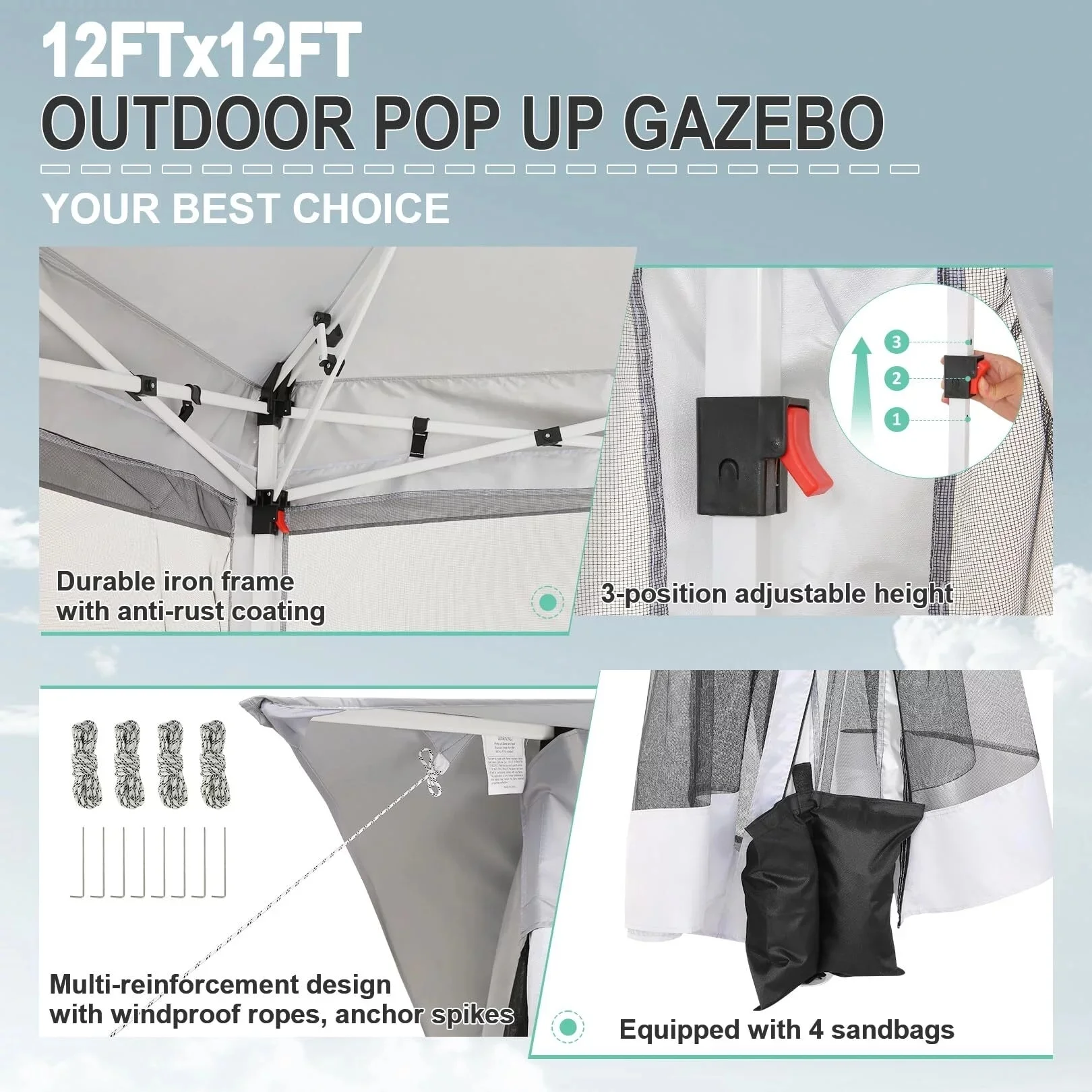 COBIZI 11x11 Pop up Gazebo Outdoor Canopy Gazebo Patio Gazebo with Mosquito Netting Canopy Shelter with 121 Square feet of Shade for Poolside, Garden, Party and Backyard, Khaki - Image 21