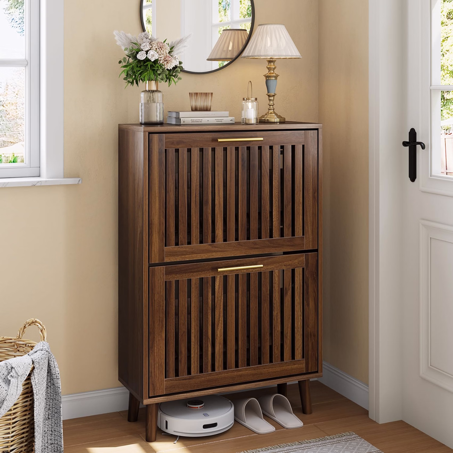 31.5" W Shoe Cabinet Storage for Entryway with 2 Flip Drawers, Shoe Cabinet with Slatted Panel, Hidden Shoe Rack Freestanding Slim Shoes Organizer for Hallway, Entrance, Walnut - Image 6
