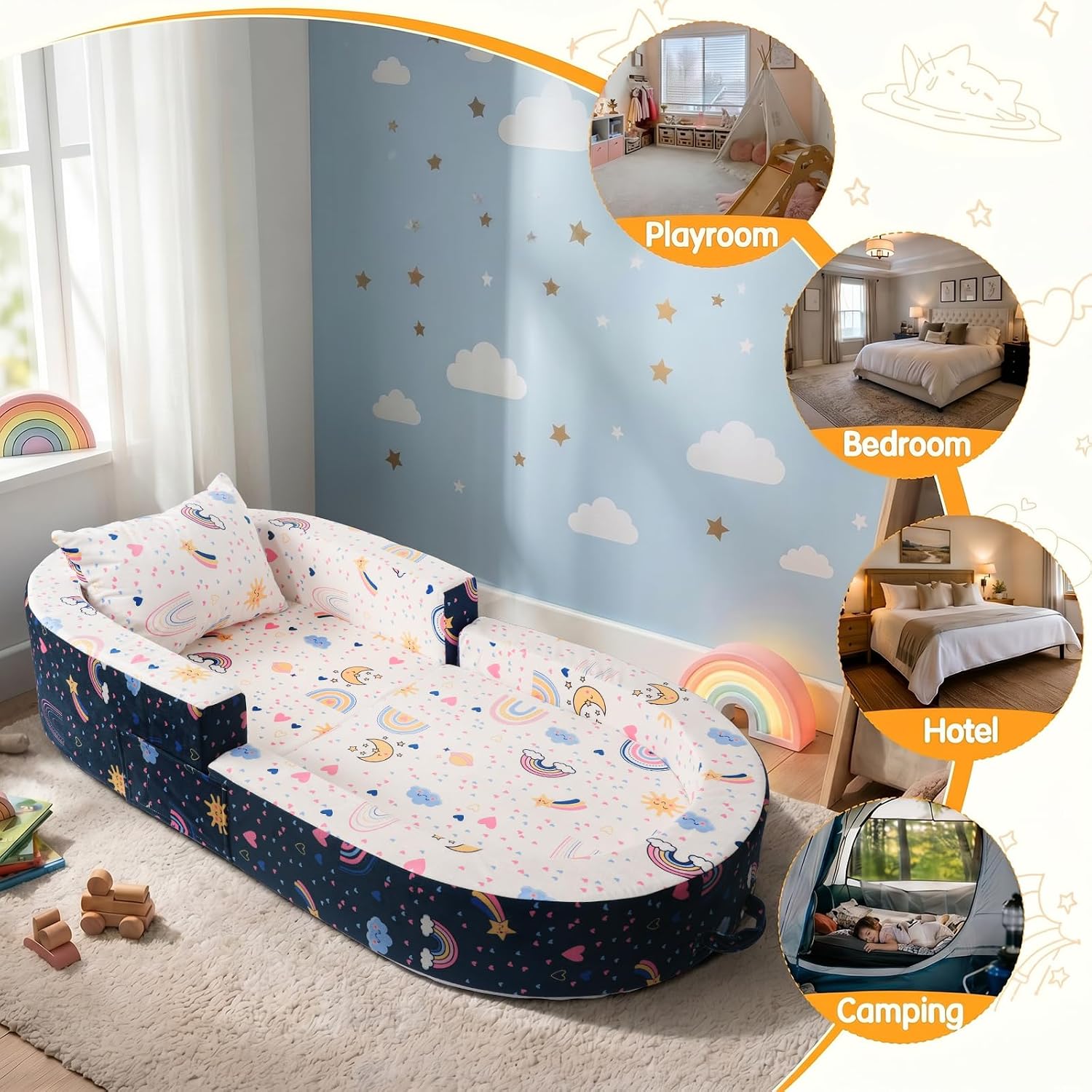 2-in-1 Toddler Travel Bed, Portable Foldable Toddler Floor Bed Converts to Soft Sofa, Kids Travel Couch with Removable Washable Cover, Ideal for Camping, Picnic, Hotel & Sleepovers - Image 7