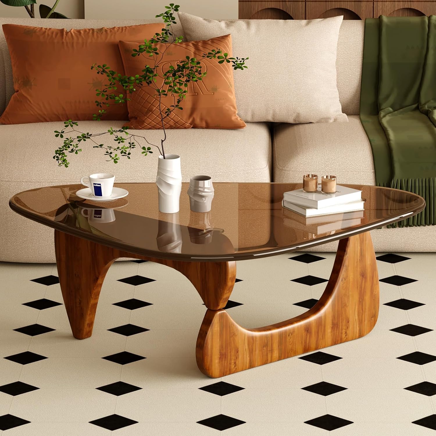 Coffee Table for Living Room Mid Century Modern Center Table with Glass Top and Wood, 32 Inch, Brown/Walnut - Image 9