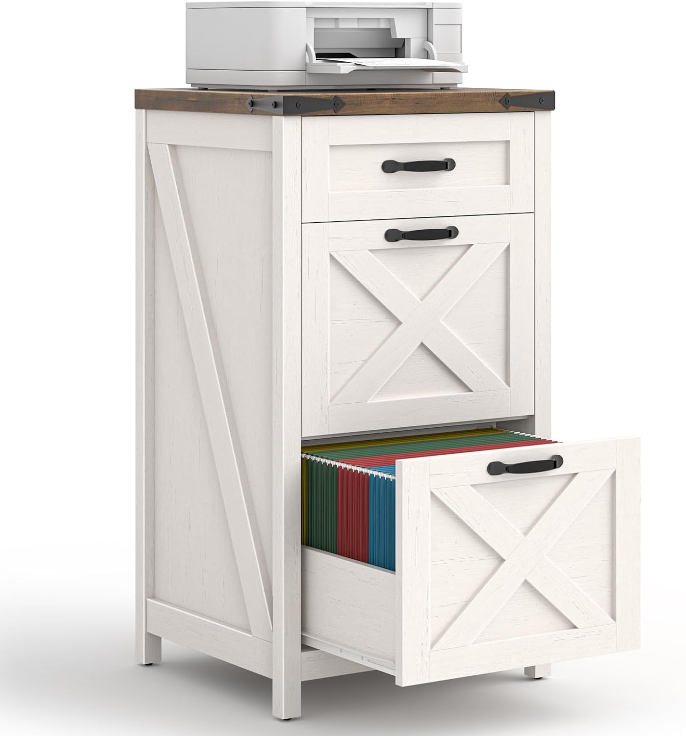 3 Drawers Tall Farmhouse File Cabinet with Wheels, Rustic White - Image 2