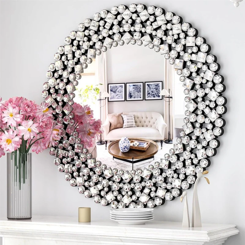 Modern Round Wall Mirror, Crystal Accent Decorative Mirror for Living Room, Bedroom and Entryway - Image 2