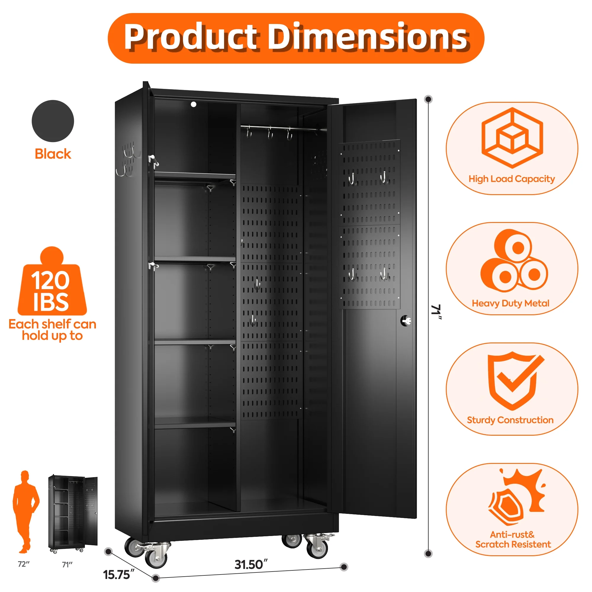 SUPEER 71" Metal Storage Cabinets with Wheels and Pegboards, Industrial Cabinet with 2 Drawers and 2 Adjustable Shelves,, Assembly Required - Image 23