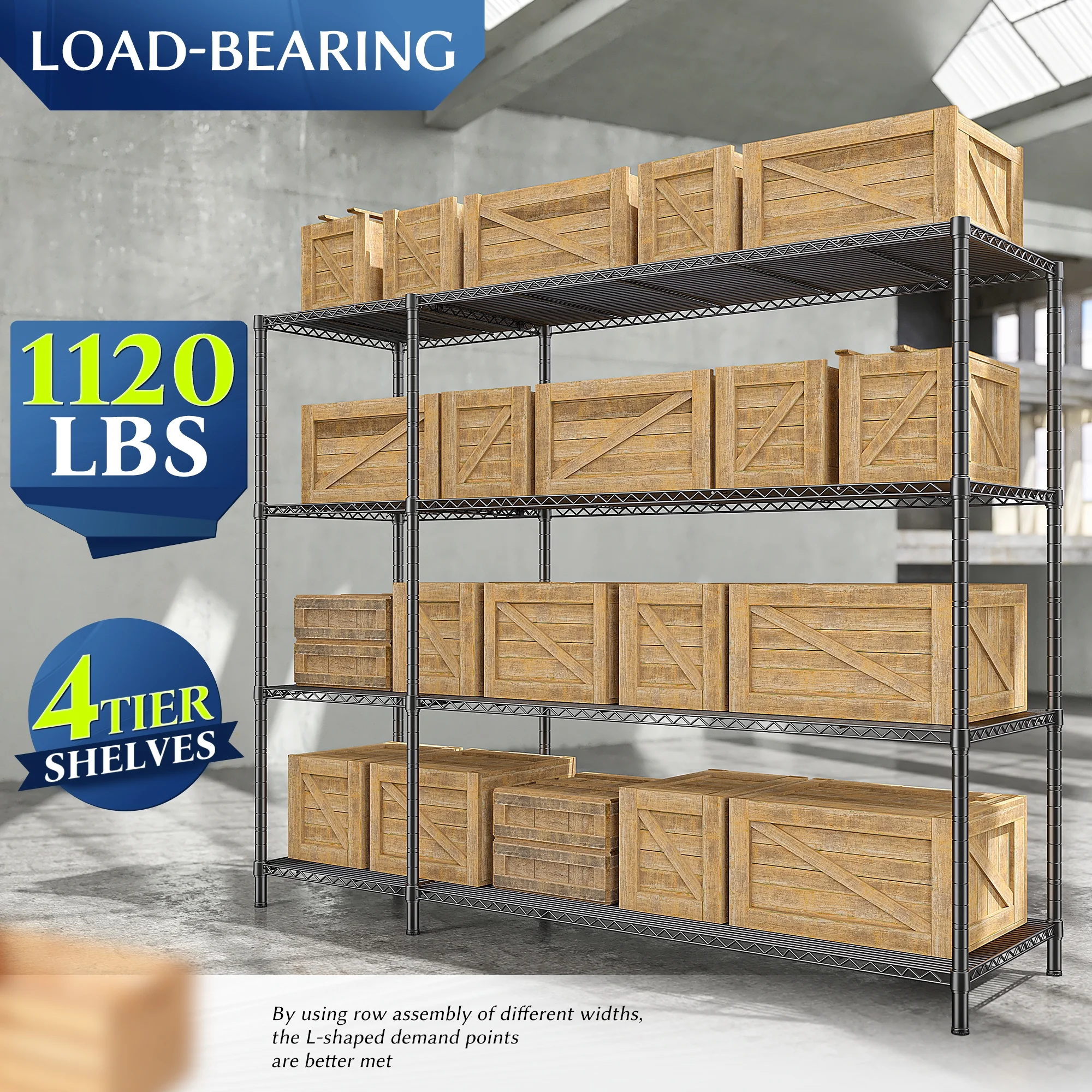 REIBII Heavy Duty 4-Tier Metal Wire Shelving Unit,Adjustable L-Shape Corner Storage Rack for Garage,Pantry,Kitchen,1120 lbs Capacity - Image 2