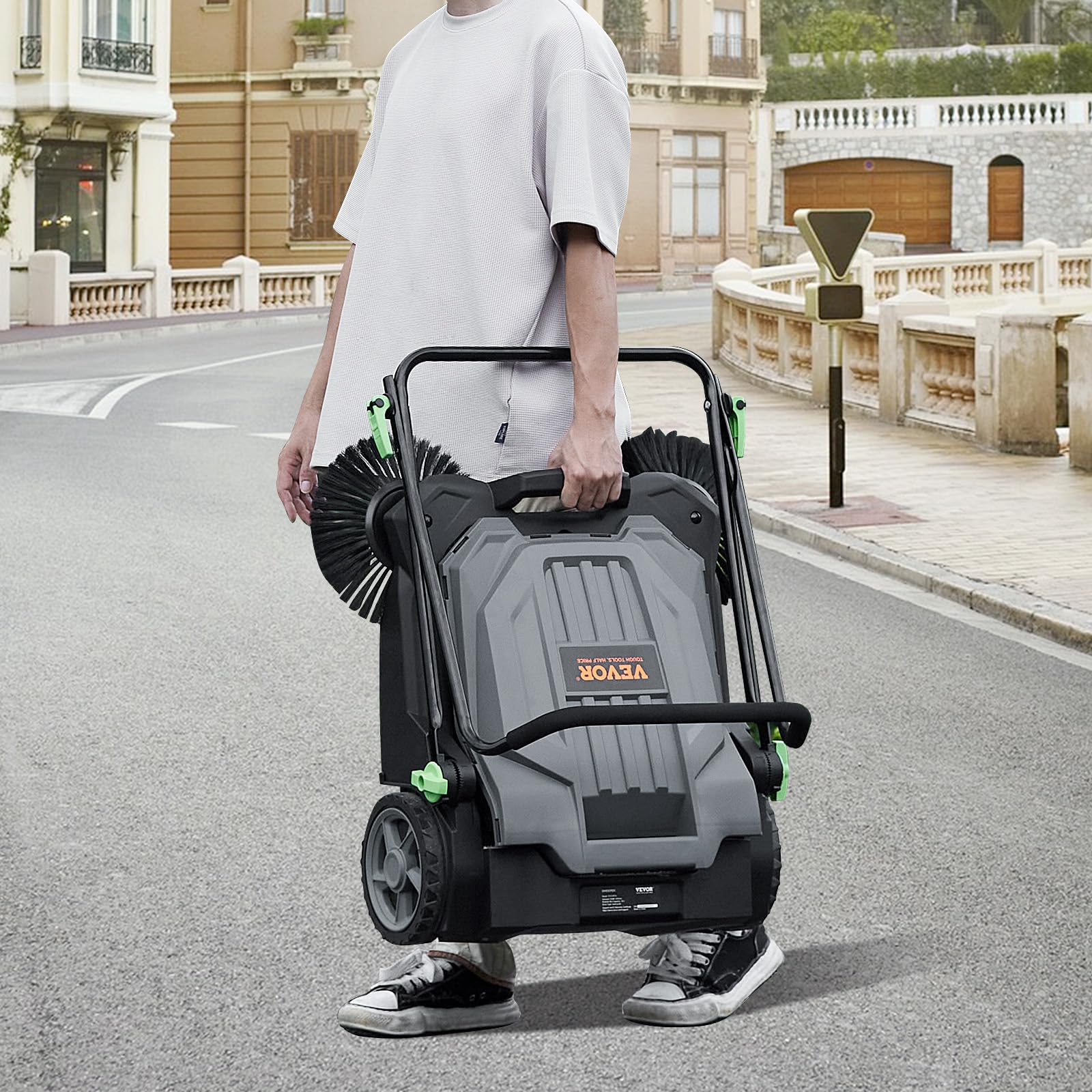 Walk-Behind Hand Push Floor Sweeper, 5-Gallon Waste Container, Manual Outdoor Sweeping Machine - Image 2