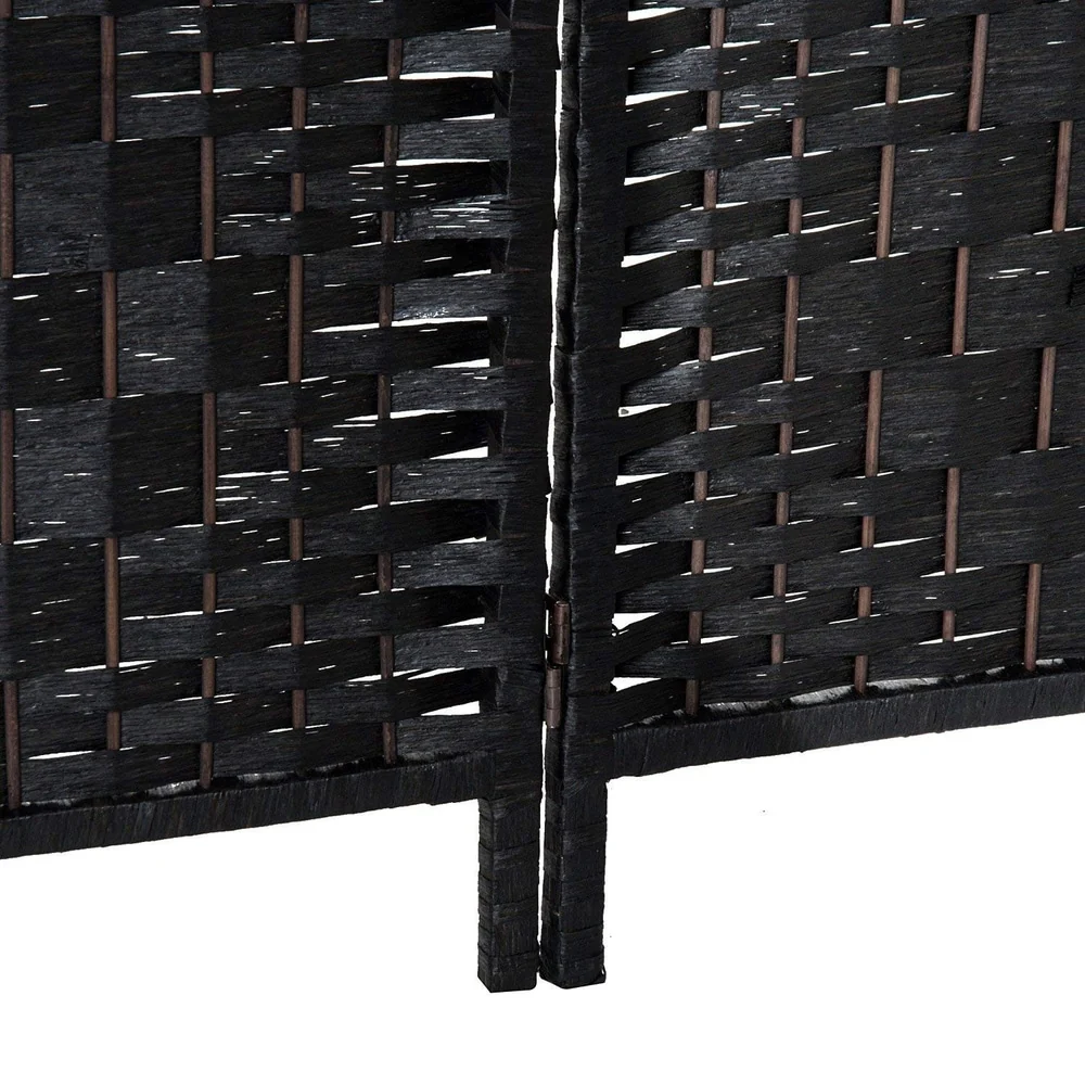6 Ft Tall Four-Panel Wicker Weave Room Divider, Black Wood Privacy Screen - Image 6