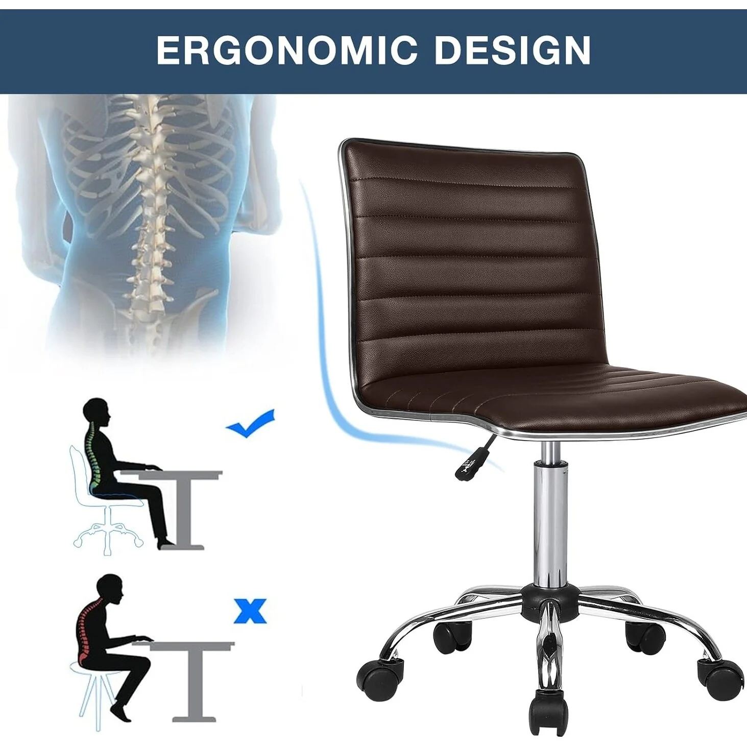 Adjustable Mid-Back Armless Swivel Office Chair, Ribbed Task and Vanity Chair for Small Spaces - Image 22