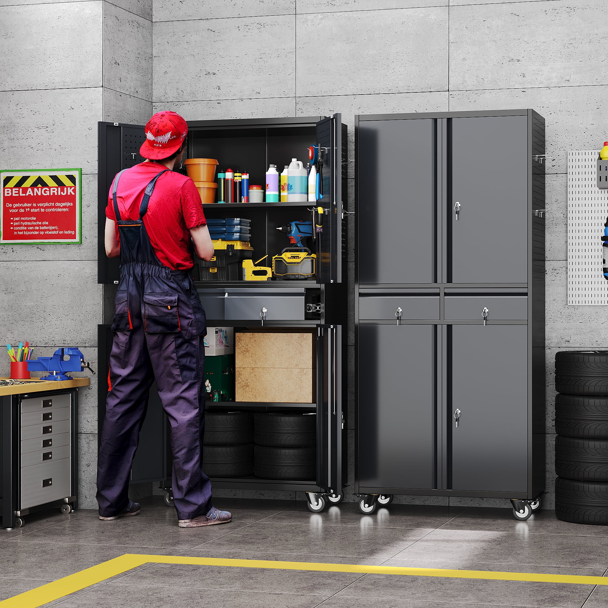 GangMei 71 Inches Tall Metal Garage Storage Cabinets with 5 Adjustable Shelves & Pegboards, Lockable Steel Black Storage Cabinet with Doors for Office, Home, School, Shops, Garage, Assembly required - Image 52