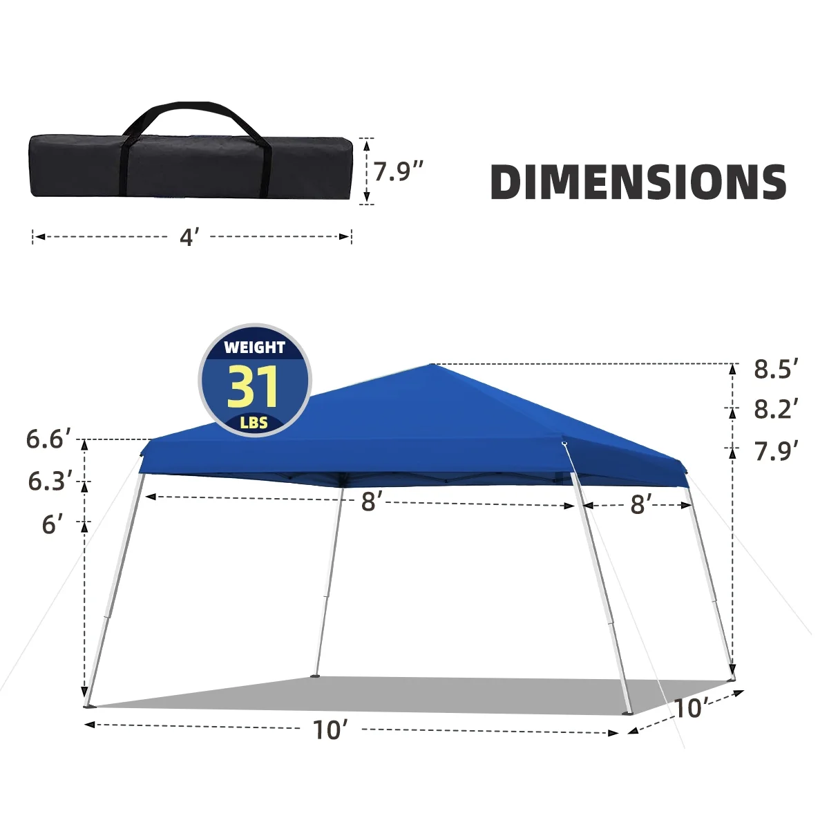 10x10 Pop Up Canopy Tent With Durable Silver Coated Cover And Adjustable Slant Legs, Easy Setup Outdoor Patio Instant Sun Shelter - Blue, Included 1 x Storage Carry Bag, 4 x Guylines, 8 x Stakes - Image 2