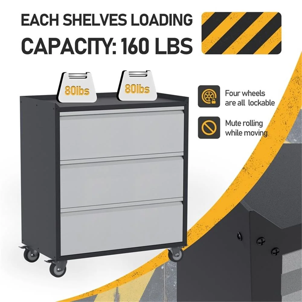 GangMei Three Drawers Metal Garage Storage Cabinet with Wheels in Gray - Image 2