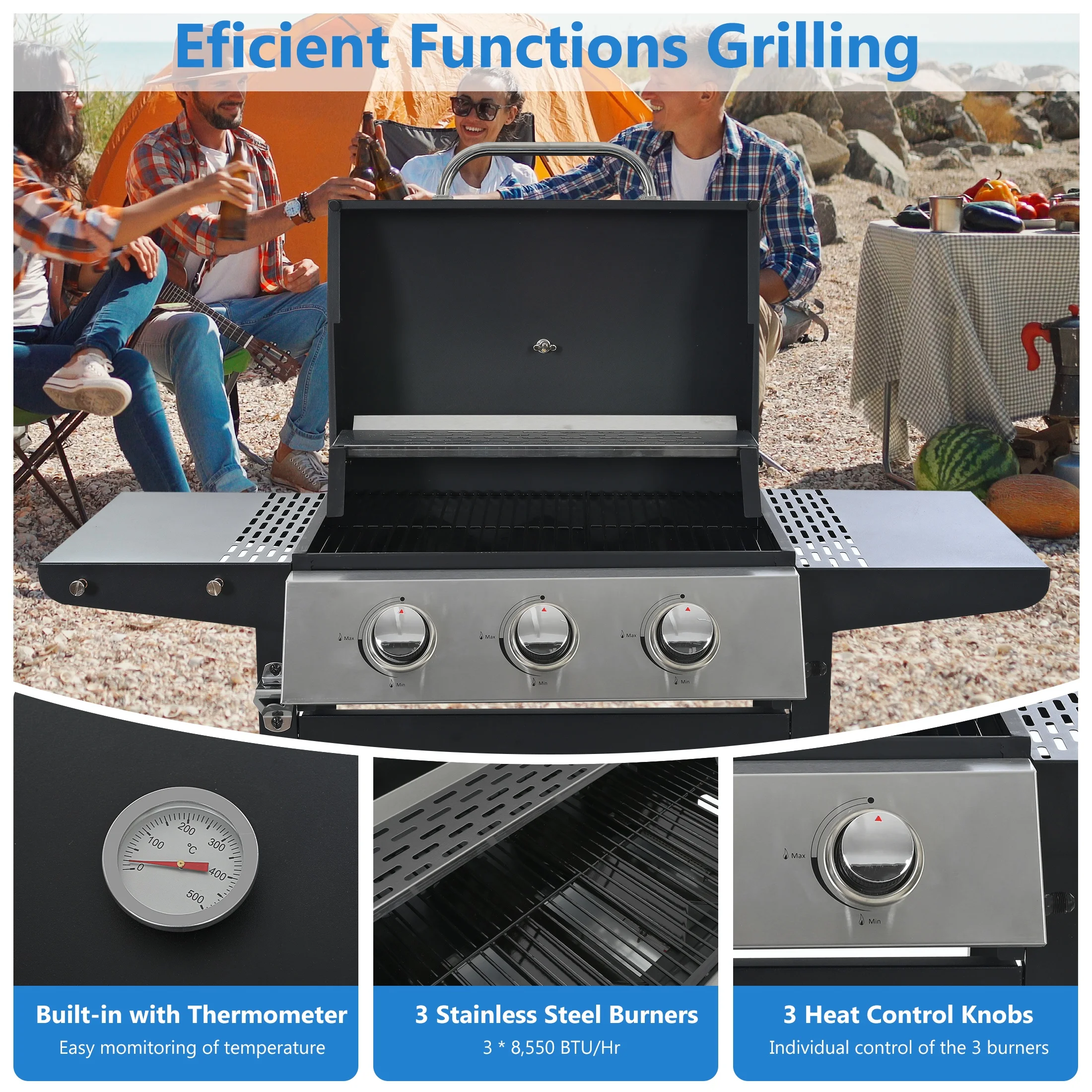 Segmart 3 Burner BBQ Propane Gas Grill, Stainless Steel 30,000 BTU Patio Garden Barbecue Grill with Folding Side Tables, Hanging Basket & Thermometer, Perfect for Camping, Outdoor Cooking - Image 24