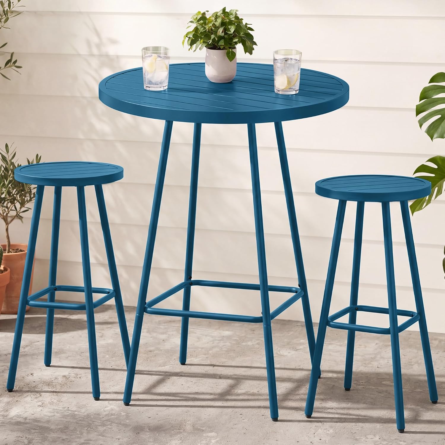 3-Piece Patio Dining Set, Bar Height, Outdoor Bistro Set, Outdoor Round Bar Table w/ 2 Bar Stools, Steel - White - Image 9