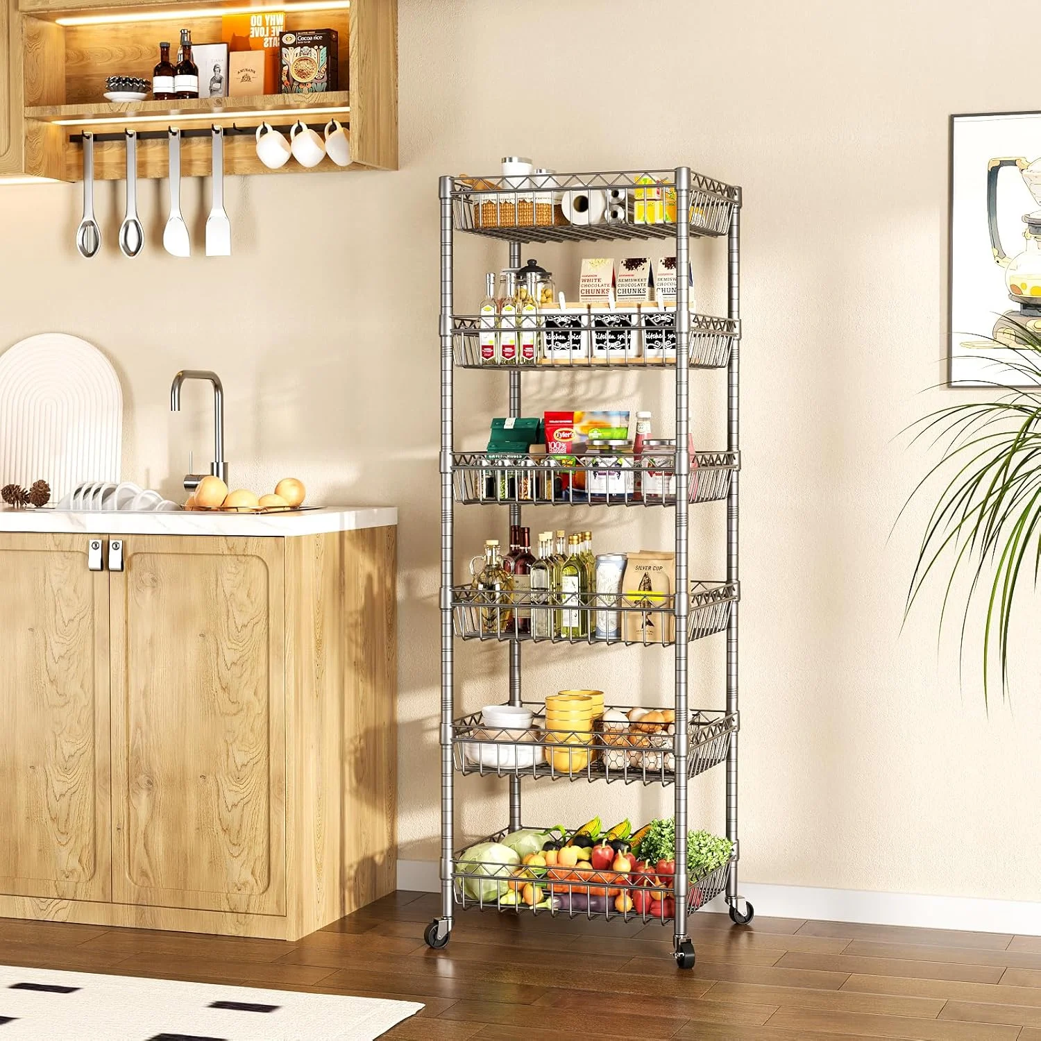 6 Tier Wire Shelving Unit with Wheels Baskets Storage Rack Corner Shelves Adjustable Shelf Closet Bathroom Organizers Metal Pantry Kitchen Garage Laundry Room 13.5" D x 13.5" W x 63" H Silver - Image 3