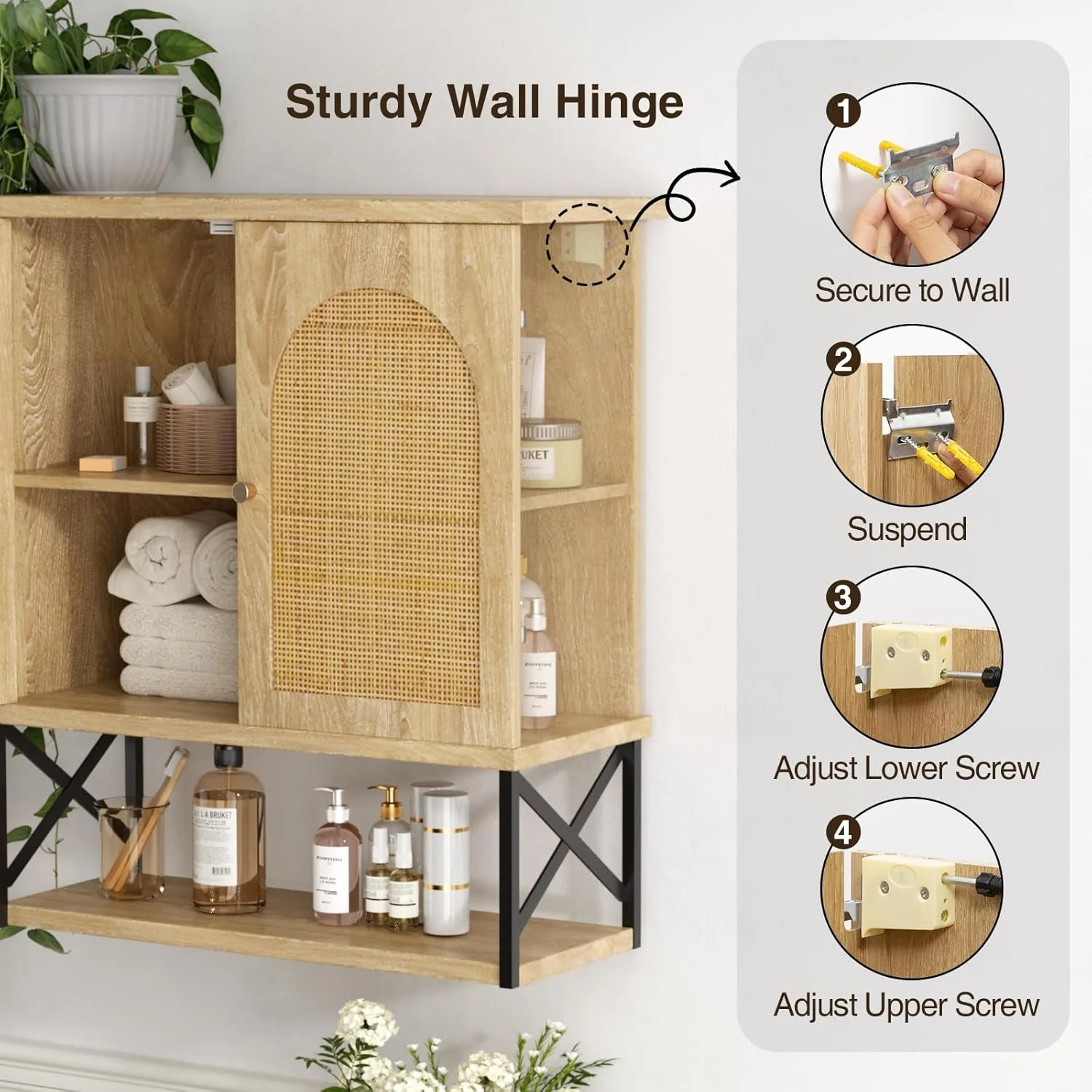 VEANERWOOD Rattan Bathroom Wall Storage Cabinet with Double Doors and Adjustable Shelves, Medicine Wall Storage Cabinet for Kitchen, Toilet, Bathroom - Image 6