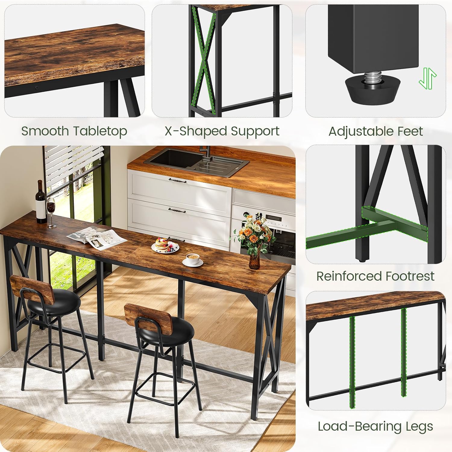Bar Table and Chairs Set, Counter Height Table and Chairs with X-Shaped Supports, 1 Pub Table and 2 Chairs, for Dining Room, Living Room, Home Bar, Rustic Brown and Black - Image 6