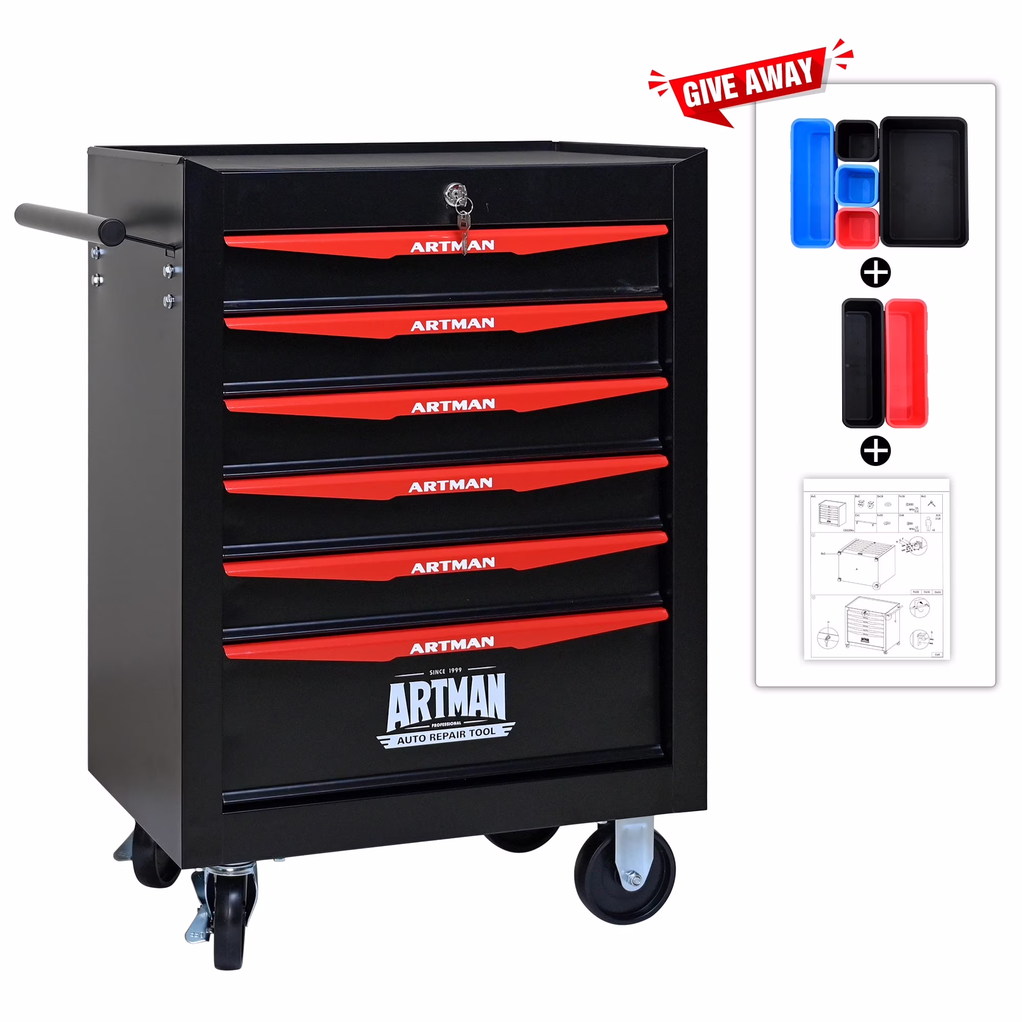 NIGSQJB 30.5"H Rolling Tool Chest Cart with 6 Drawers, 7 Small Tool Boxes Organizers, Lockable Tool Cabinet Storage with Wheels for Garage, Warehouse,Workshop, Repair Shop, DIY, Red - Image 3