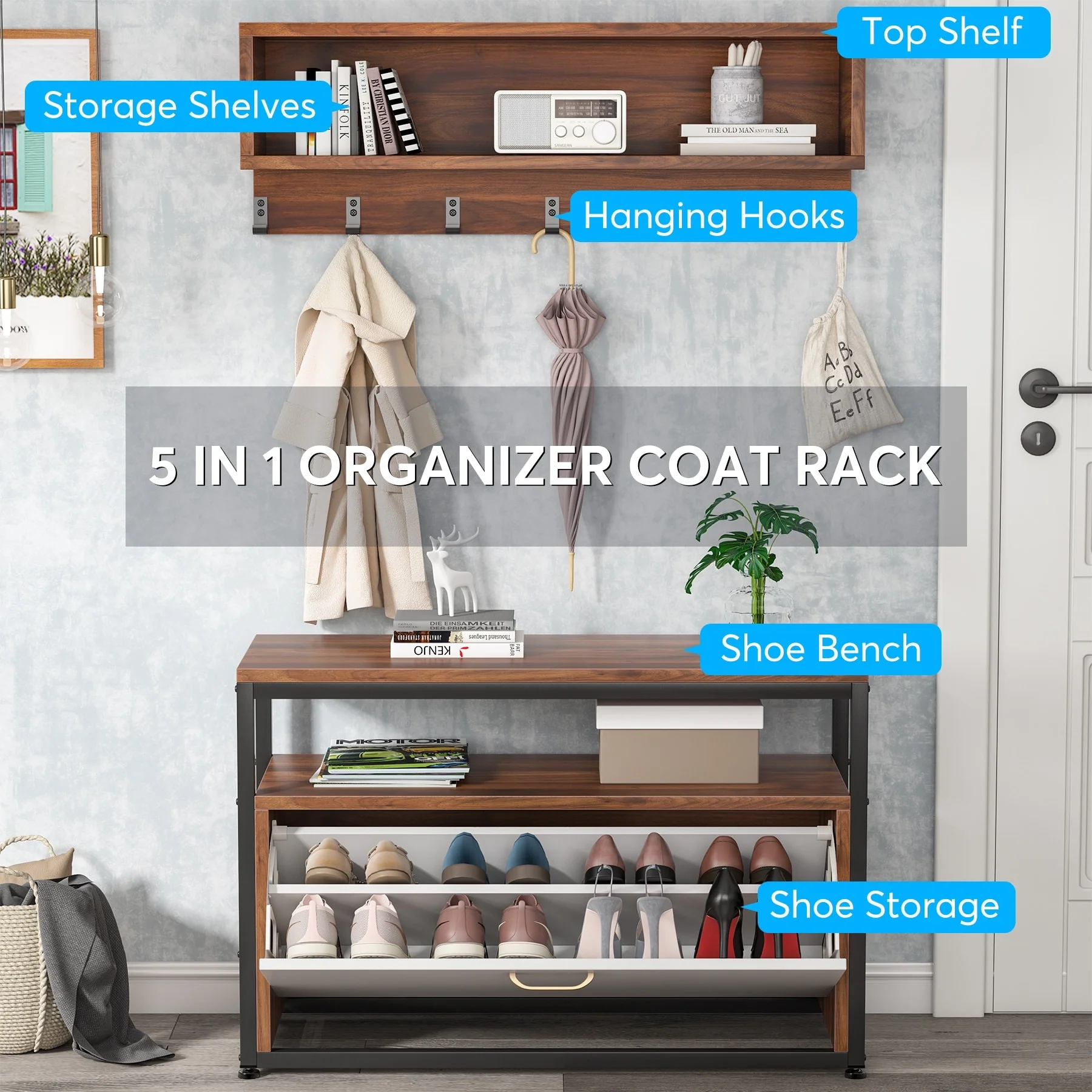 Entryway Coat Rack and Shoe Bench Set, Industrial Hall Tree with Coat and Shoe Storage - Image 23
