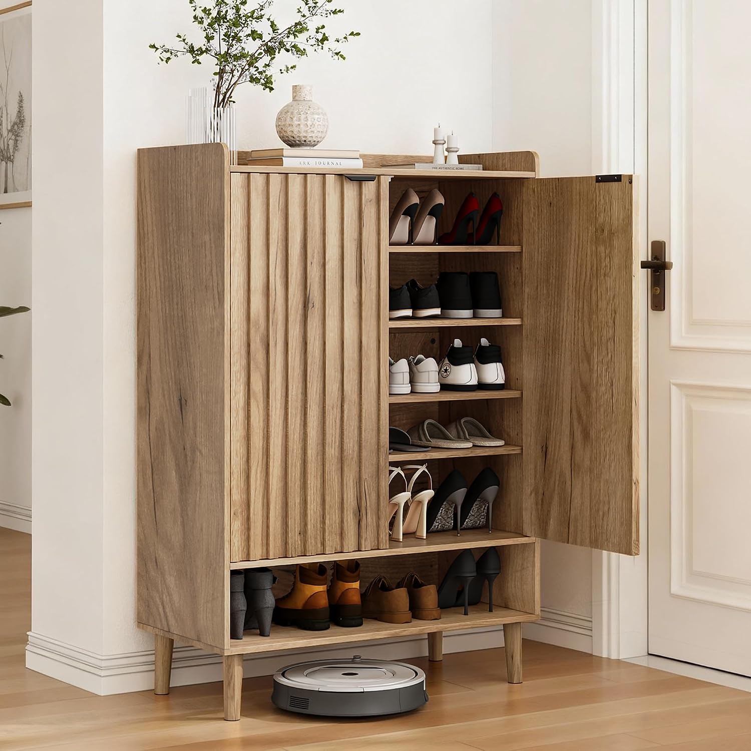 Shoe Cabinet with 2 Flip Drawers, 23.6" Natural Hidden Shoe Storage Cabinet with Fluted Design, Freestanding Shoe Organizer Cabinet for Entryway, Hallway, Closet, Living Room - Image 3