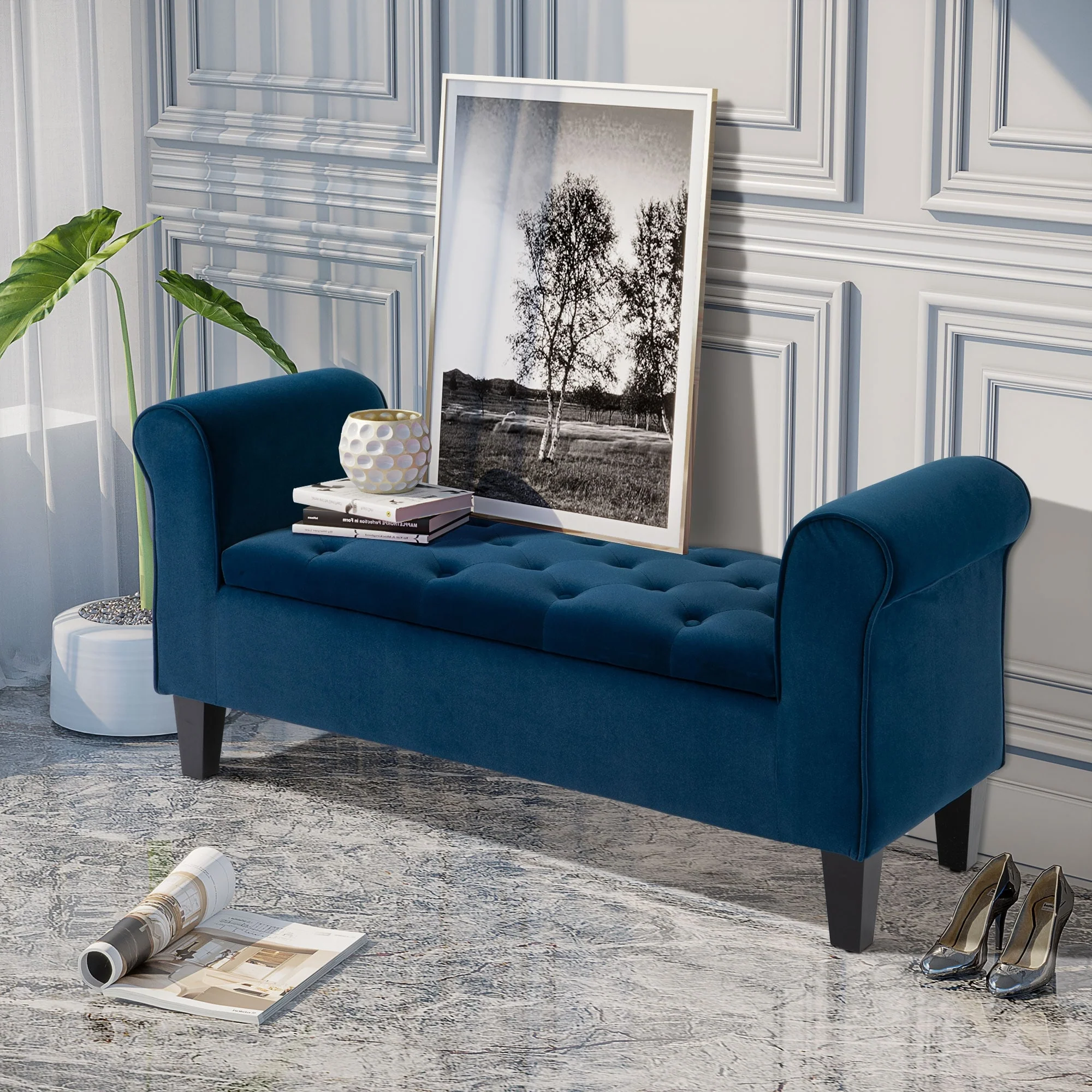 Button-Tufted Storage Ottoman Bench, Upholstered Bed Bench with Rolled Armrests for Bedroom, Living Room and Hallway - Image 3