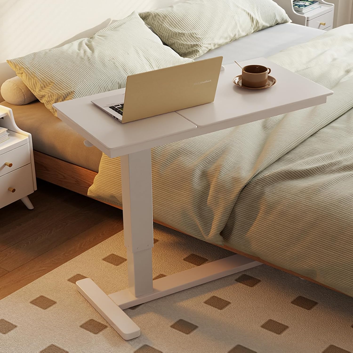 Solid Wood Overbed Bedside Table with Wheels,Tilt Top Hospital Bed Table Adjustable Over the Bed,Rolling Bed Desk for Hospital and Home Use (Black)