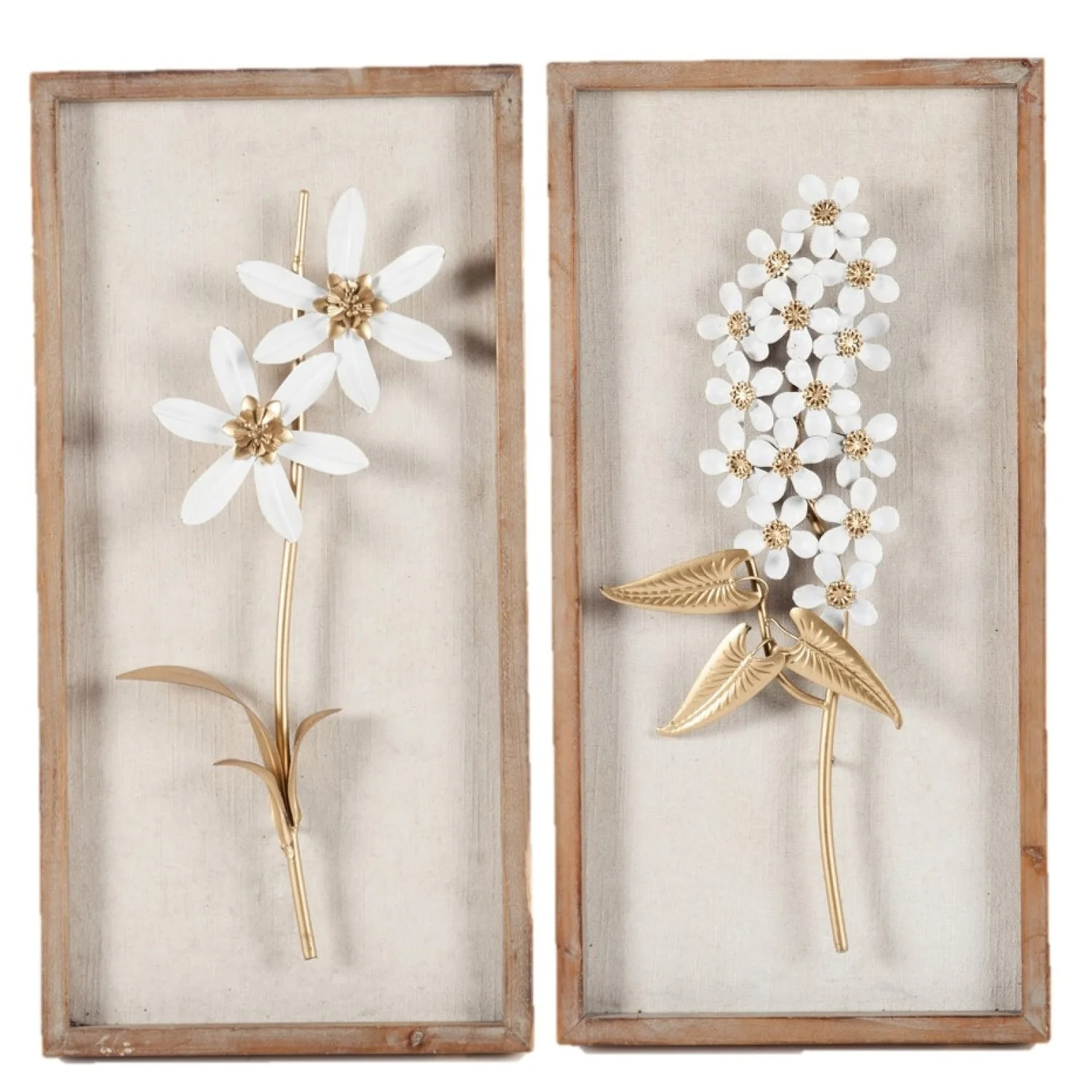 Set of 2 White and Gold Metal Flower Wall Decor with Wood Frames, Decorative Floral Wall Art - Image 3