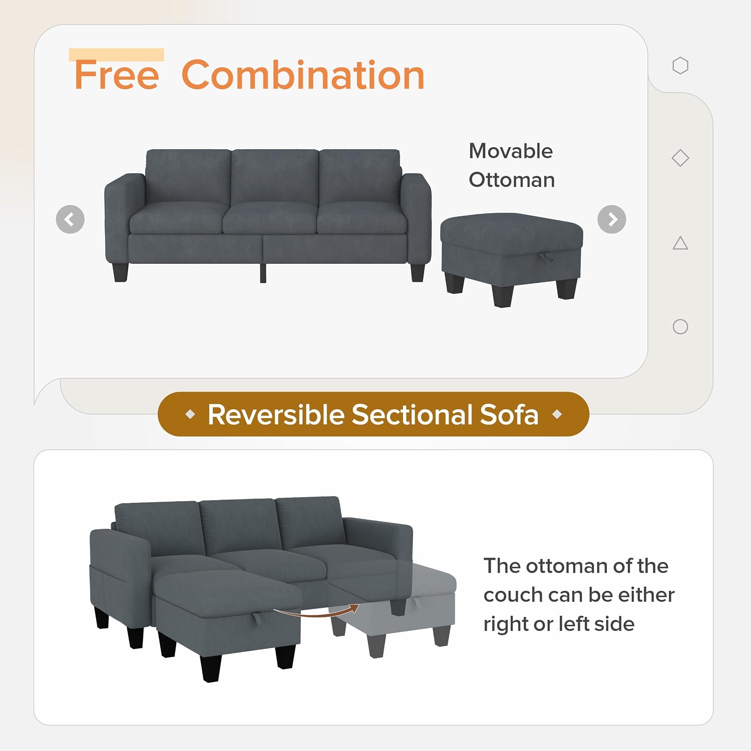 Convertible Sectional Sofa Couch,Classic 3 Seat L-Shaped Sofa with Movable Ottoman, Modern Dark Grey Velvet Fabric Upholstered Small Sectional Sofa Couch for Small Apartment Living Room Office - Image 8