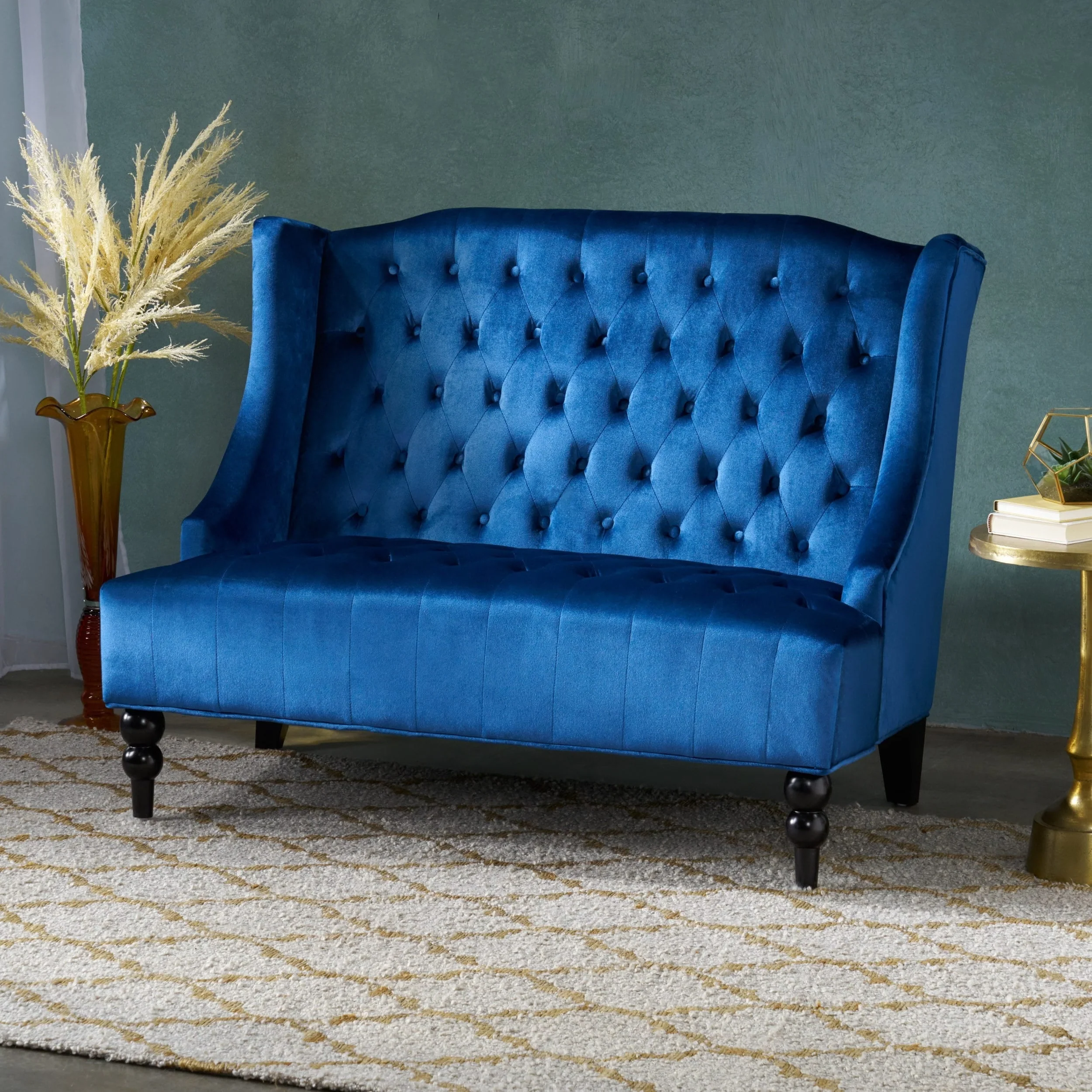 Christopher Knight Home Leora Modern Glam Tufted Velvet Wingback Loveseat by Armless Emerald Semi-Firm - Image 3