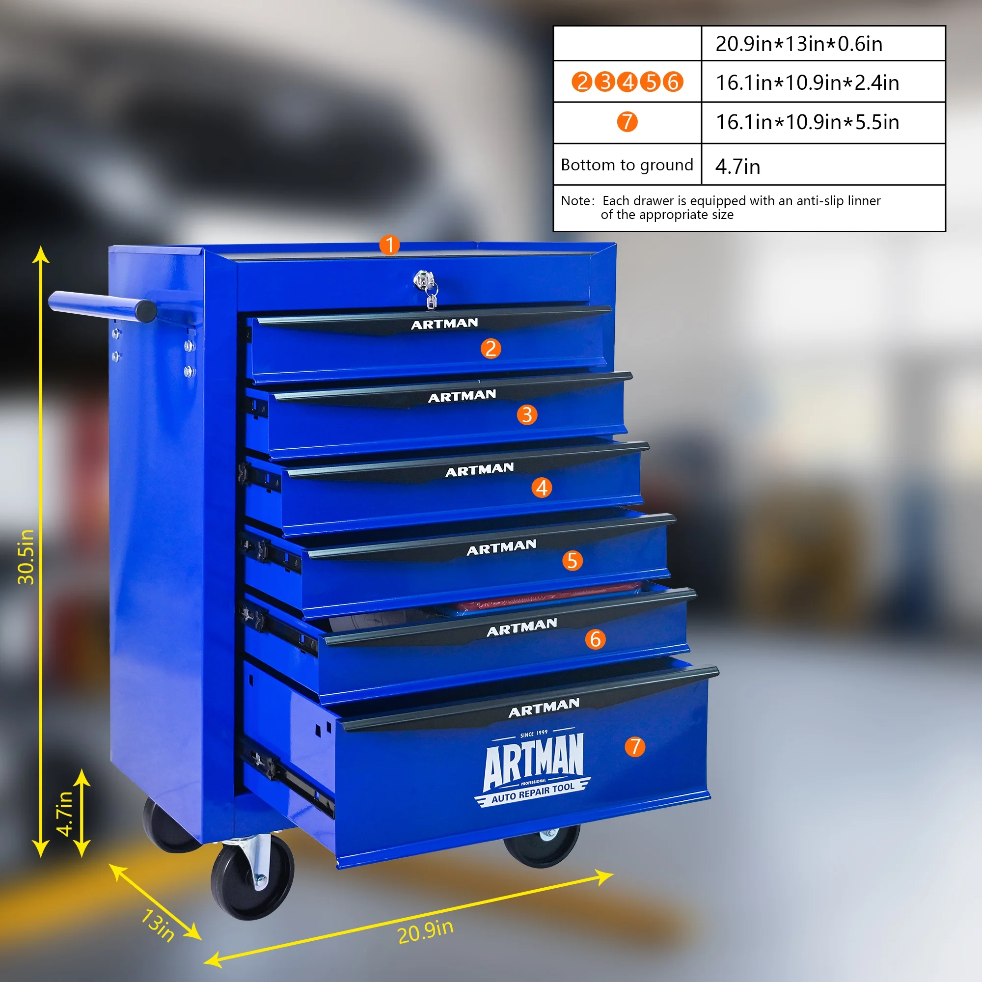 ARTMAN 20" 6-Drawer Tool Chest Cabinet with Ball Bearing Drawer Slides, Steel Tool Storage Box Organizer for Garage Workshop Repair Shop - Image 16