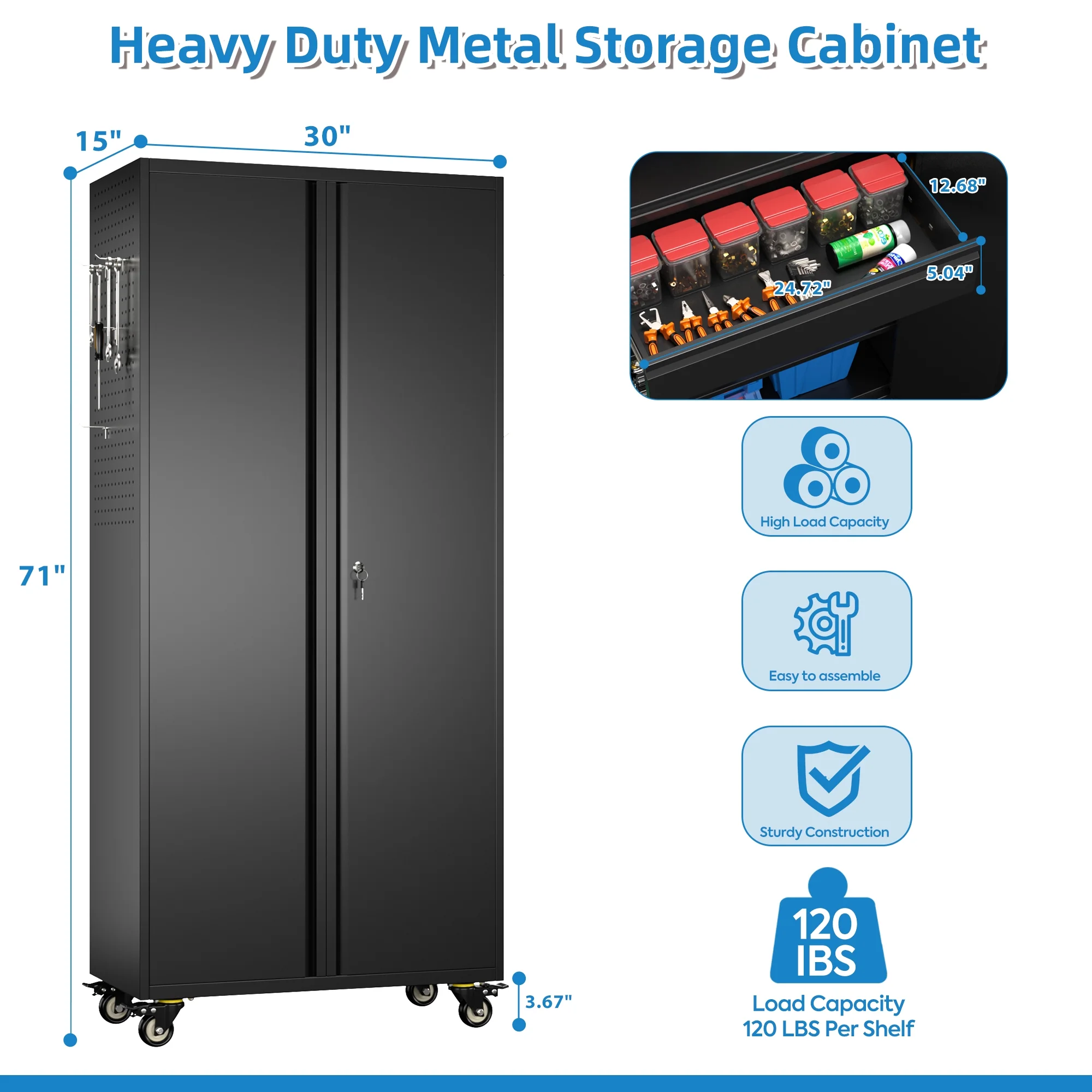 Gaeanet Rolling Tool Storage Cabinet with 5 Adjustable Shelves and Pegboard,Metal Garage Storage Cabinet with Wheels for Garage Home Office Utility Room,71" H-32" W-16" D,Required Assembly, Black - Image 112