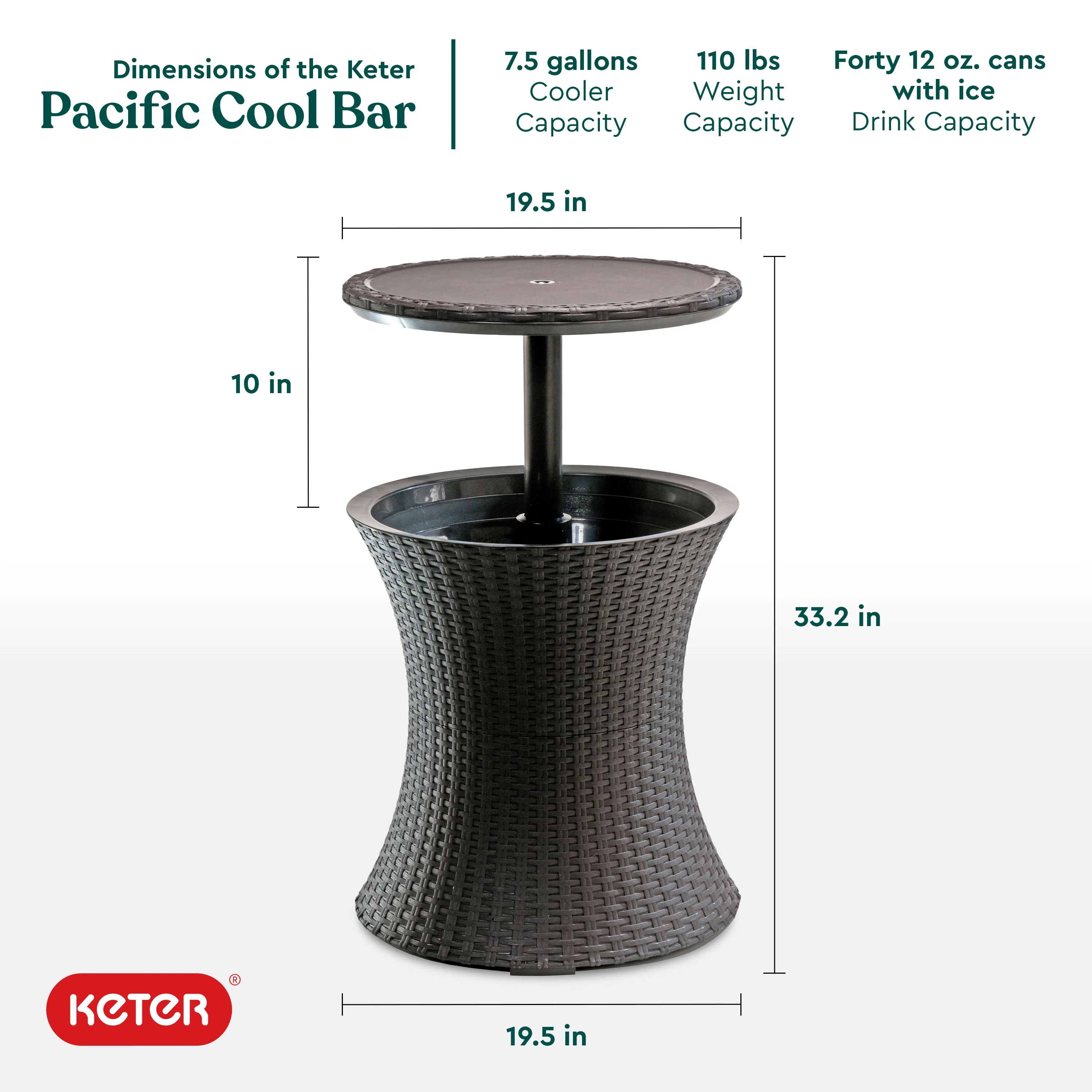 Keter Pacific 7.5 Gallon Cool Bar 2 in 1 Weather Resistant Side Table and Bar Durable Resin Outdoor Patio Beverage Cooler Table, Rattan Look Brown - Image 2
