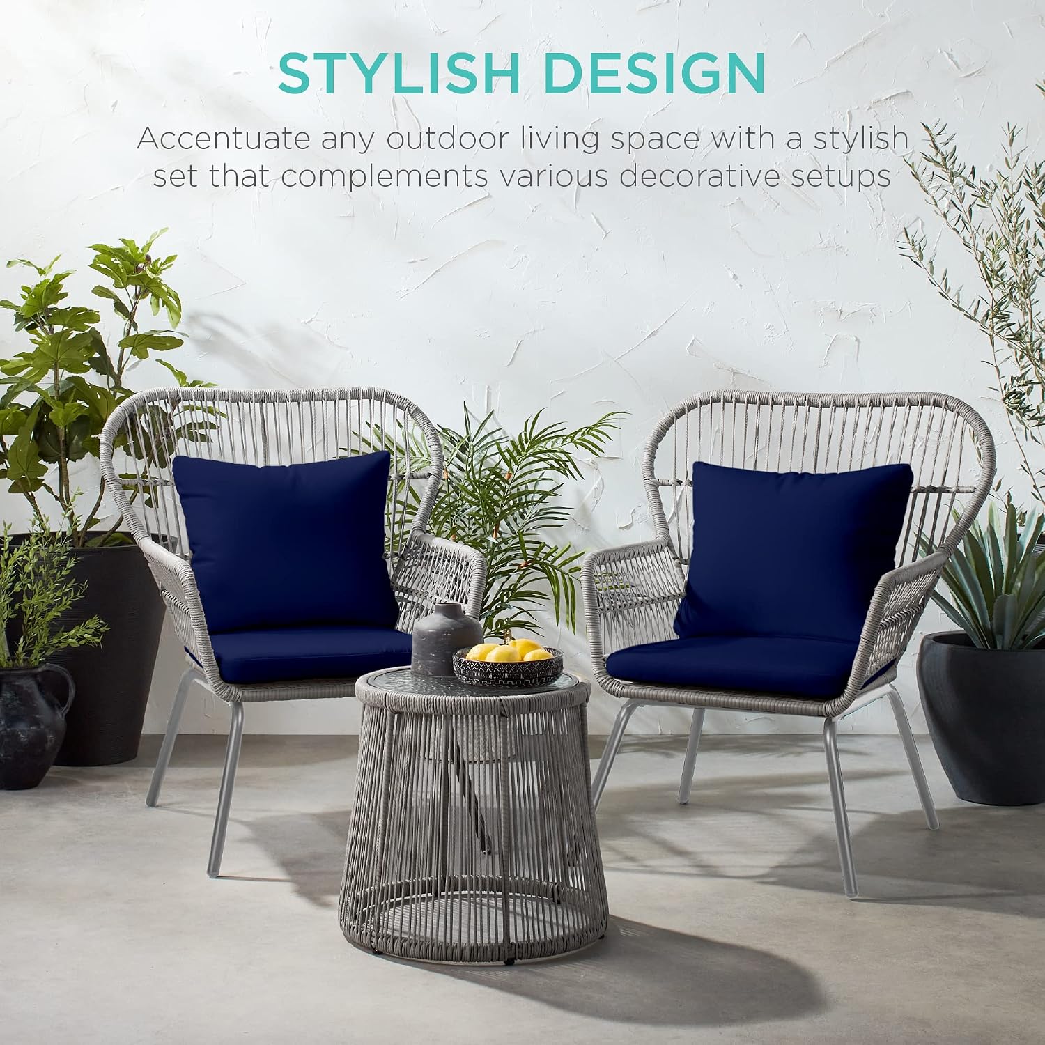 3-Piece Patio Conversation Bistro Set, Outdoor All-Weather Wicker Furniture for Porch, Backyard w/ 2 Wide Ergonomic Chairs, Cushions, Glass Top Side Table - Gray/Navy - Image 7
