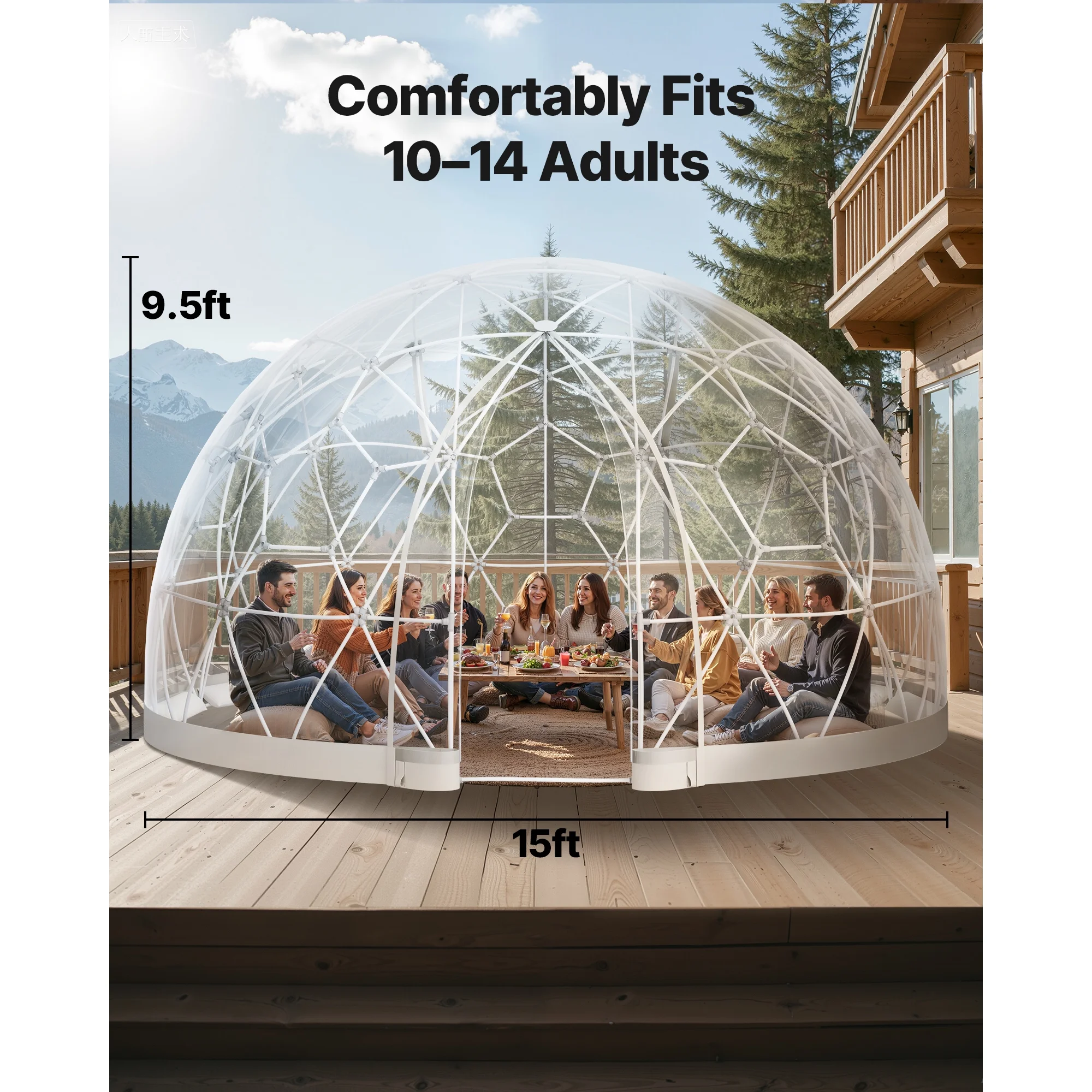 KFFKFF Outdoor Garden Dome, 15 x 9.5 ft Clear Bubble Tent for 10-14 People, Weather-Resistant Geodesic Greenhouse with Window, PVC Dome Tent for Patios, Camping, Parties, and Weddings - Image 3