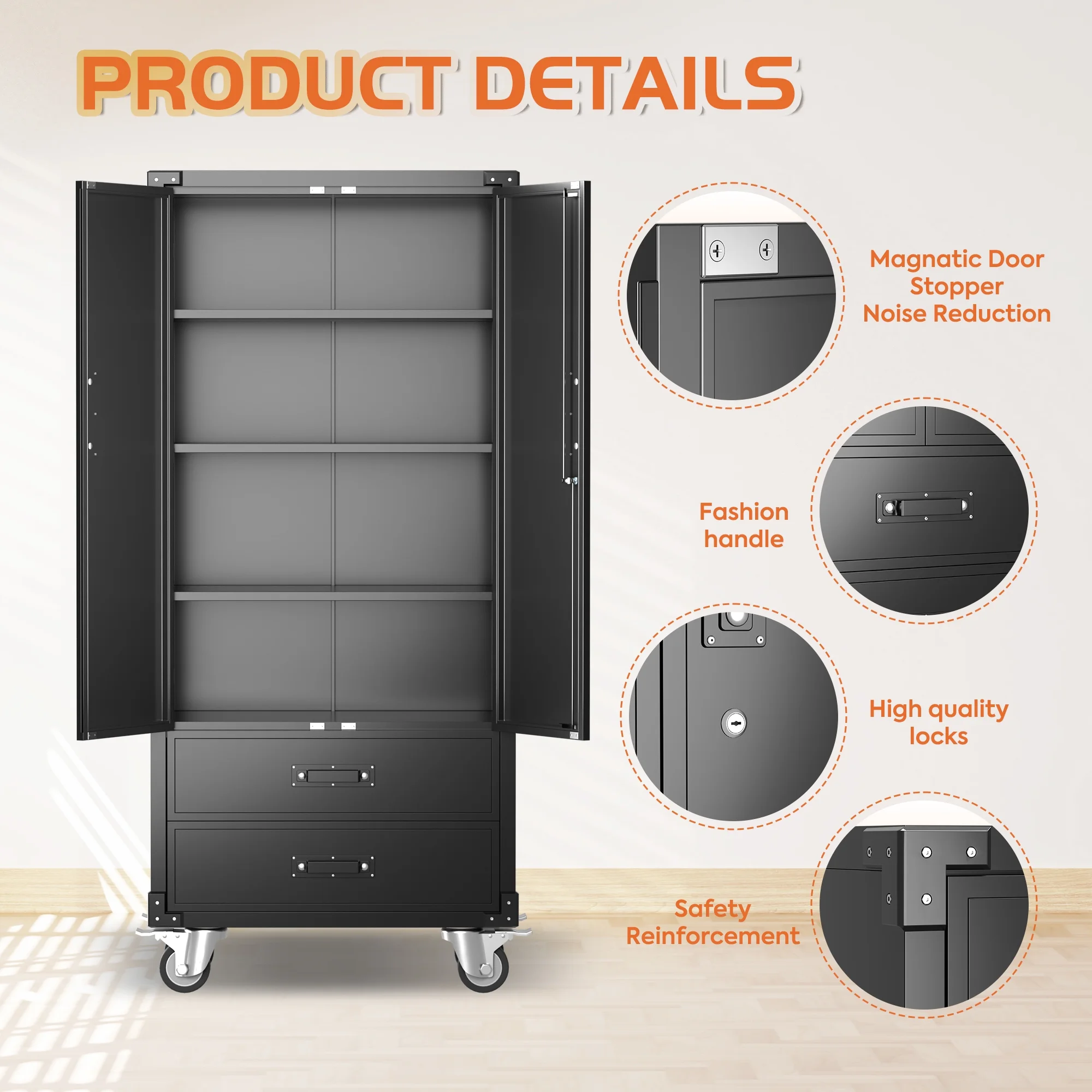 GangMei 71 Inches Tall Metal Garage Storage Cabinets with 5 Adjustable Shelves & Pegboards, Lockable Steel Black Storage Cabinet with Doors for Office, Home, School, Shops, Garage, Assembly required - Image 67