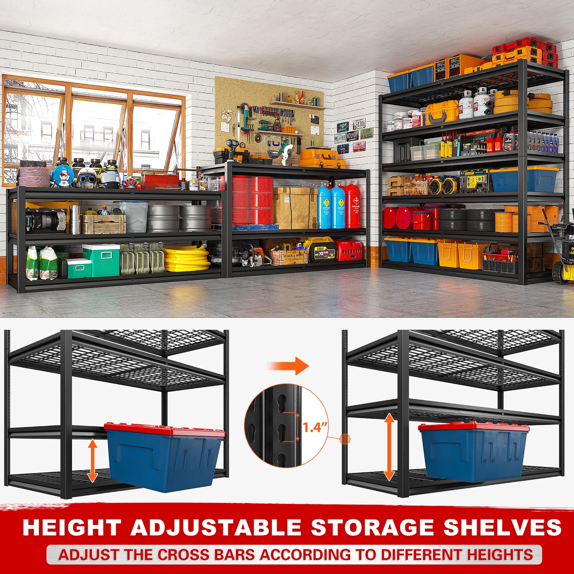 REIBII 55" W Wire Shelving Garage Shelves Heavy Duty 3000lbs Adjustable 5-Tier Storage Rack - Image 15