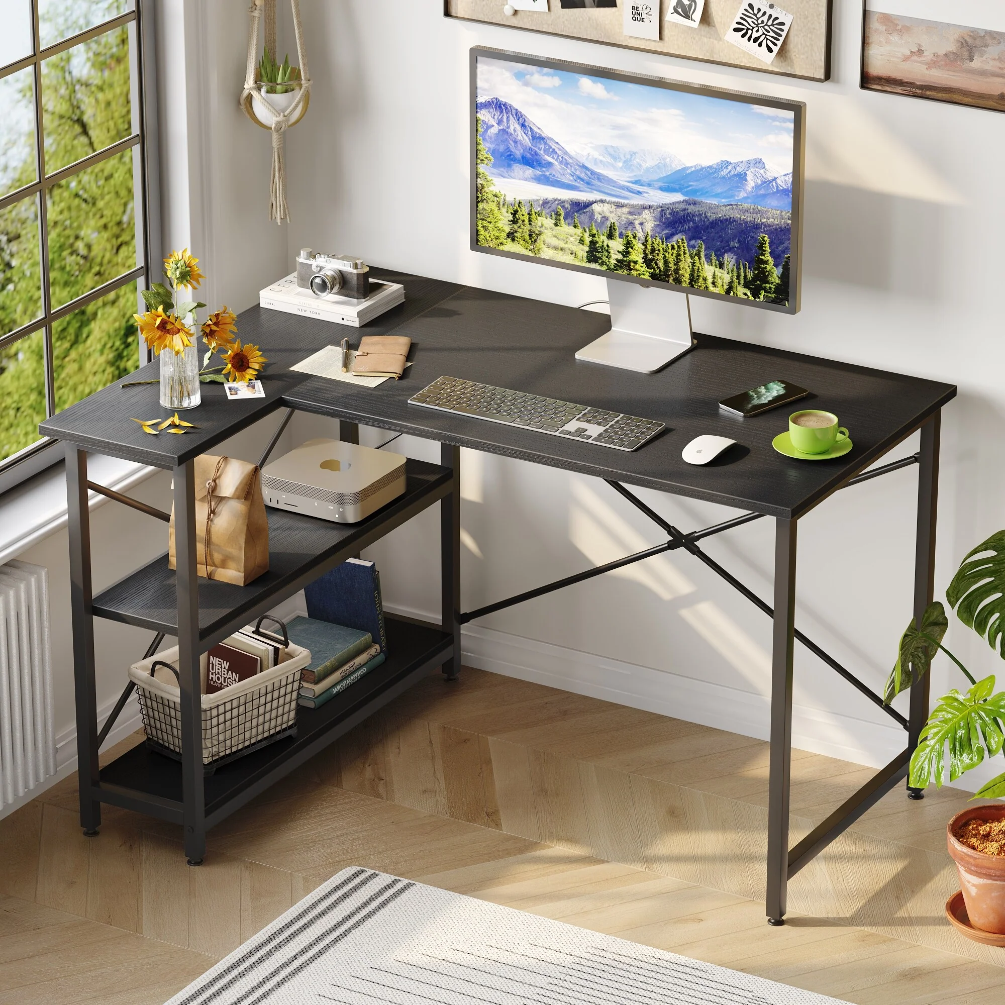 Small L Shaped Computer Desk with Storage Shelves, Compact Corner Workstation for Home Office and Study - Image 89