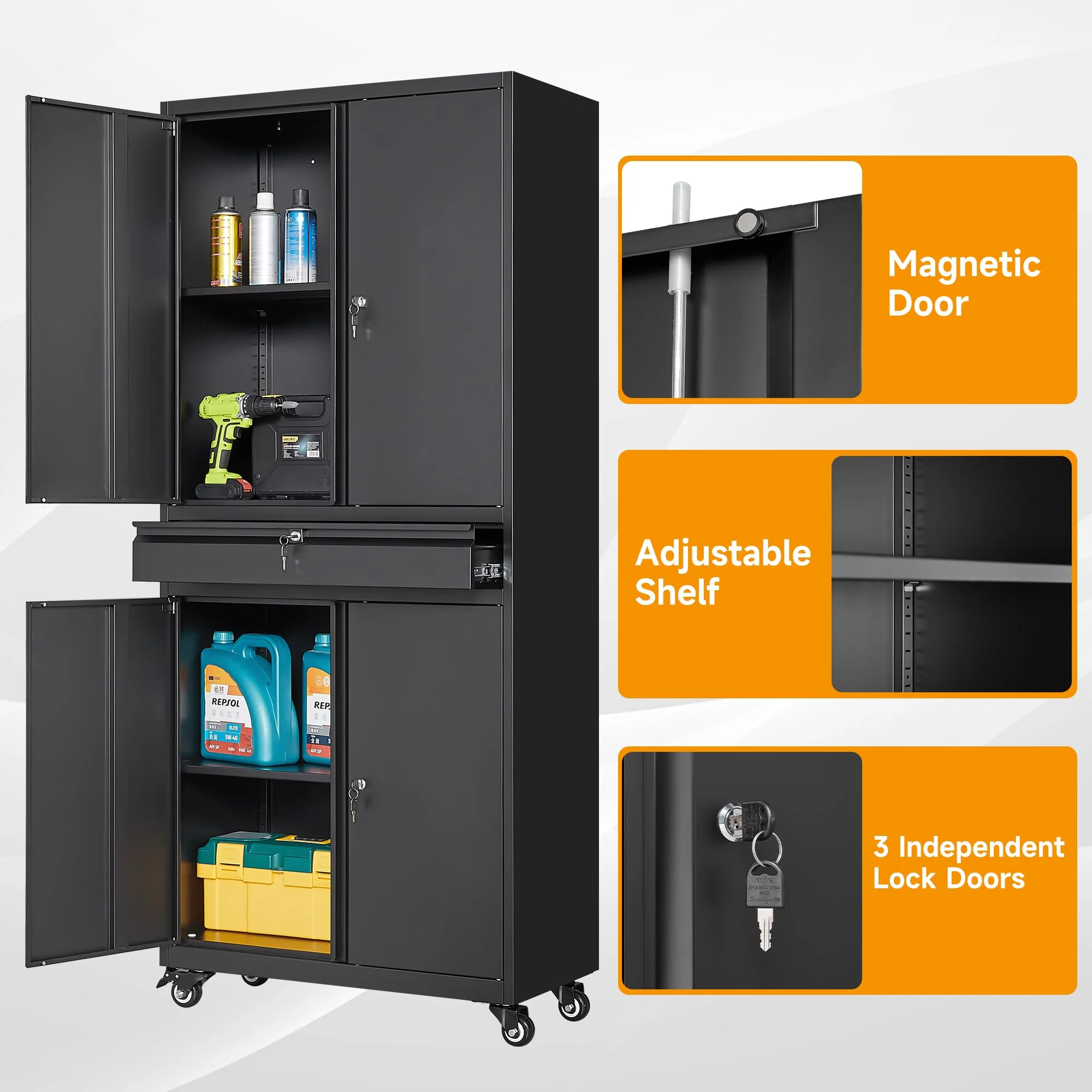 STANI Metal Garage Storage Cabinets with Drawer, 4 Doors Tool Storage Cabinet with 2 Adjustable Shelves, 73"H Rolling Steel Locking Cabinet for Garage Utility Room Home Office (Black, 4 Wheel) - Image 7