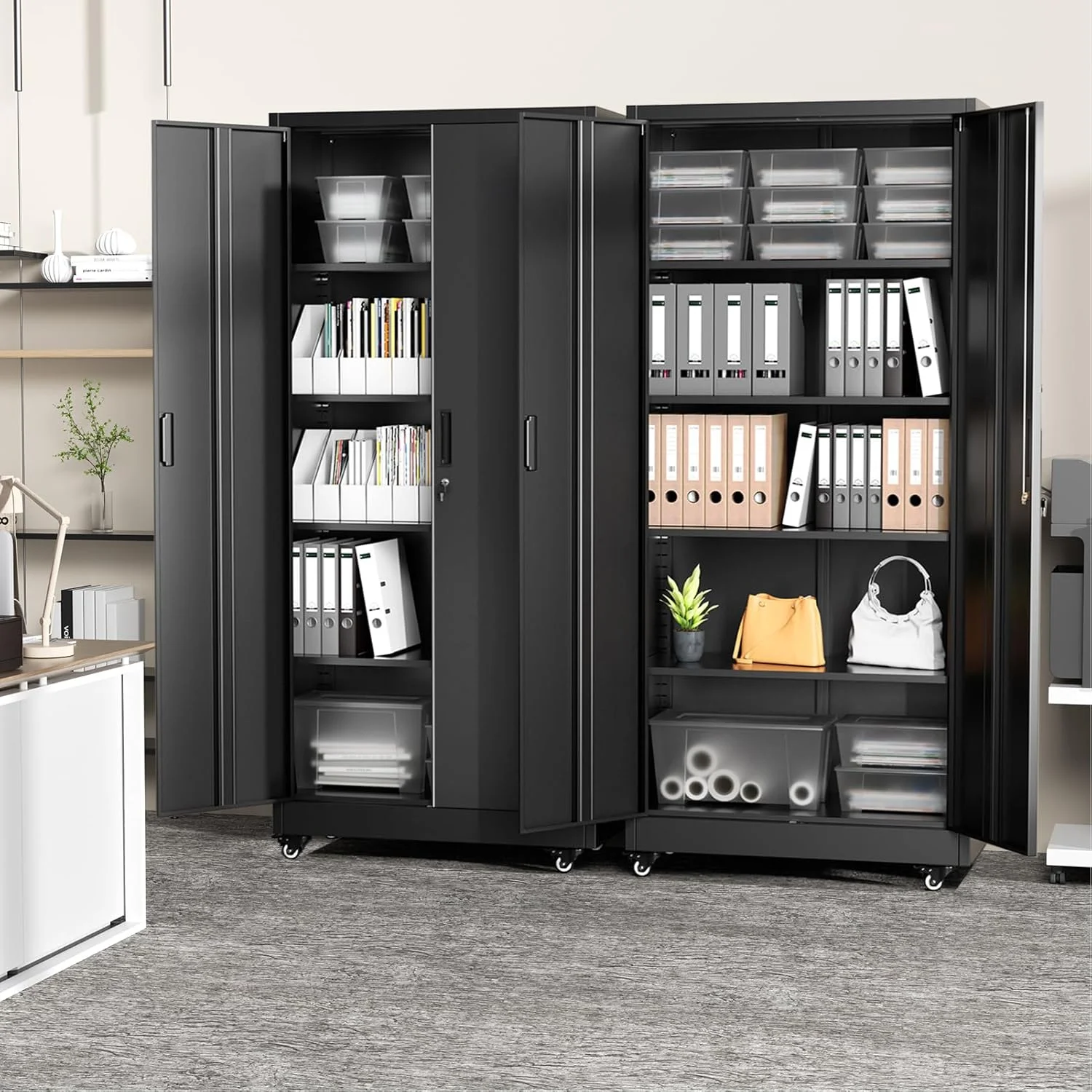 SOLAURA 73 in Metal Storage Cabinet with Wheels, Garage Rolling Cabinet with Locking Doors and 4 Adjustable Shelves, Lockable Tool Storage Cabinets for Garage, Home, Office(Black) - Image 8