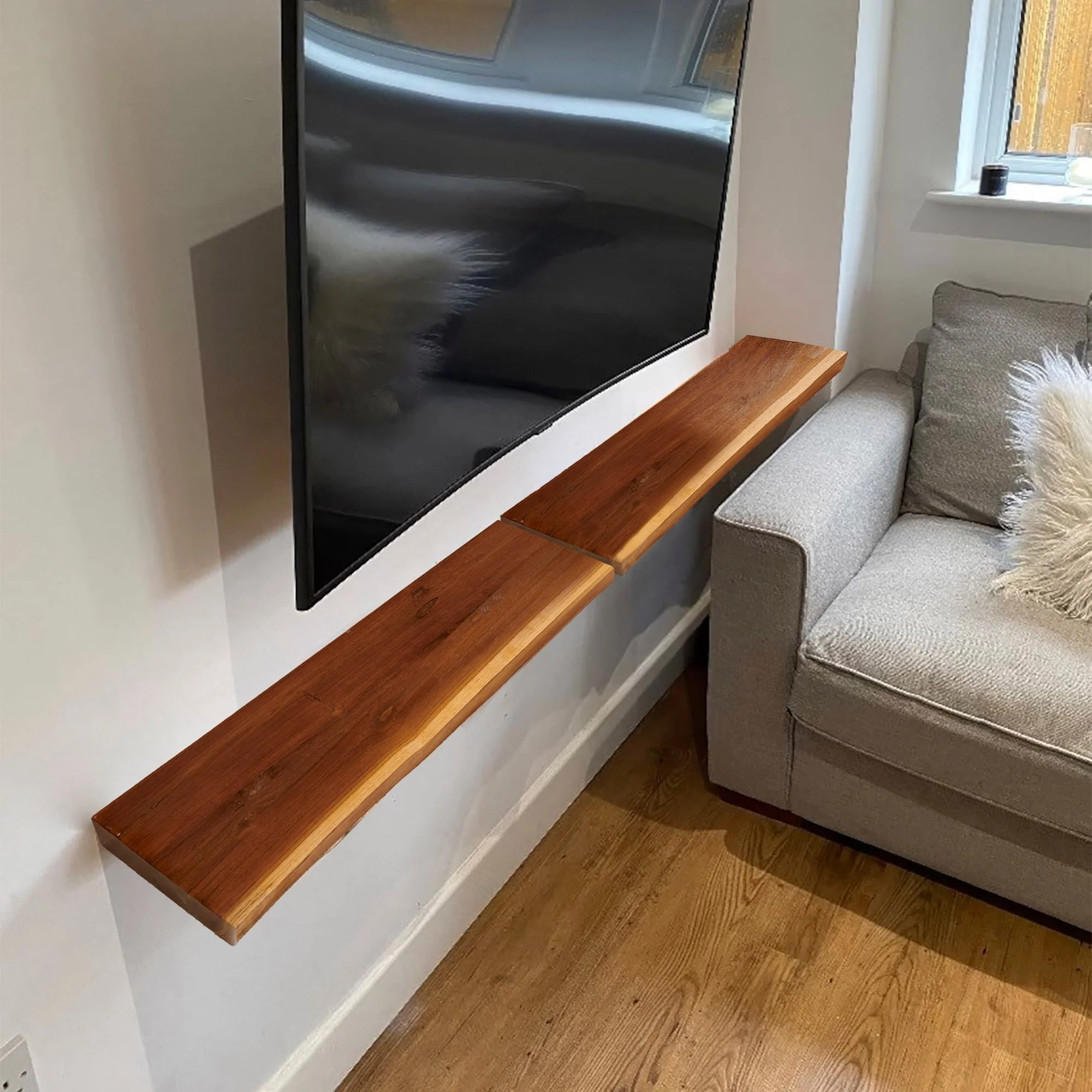 1 Piece Teak Wood Wall Shelf with Live Edge, Rustic Floating Shelf for Home Decor - Image 6