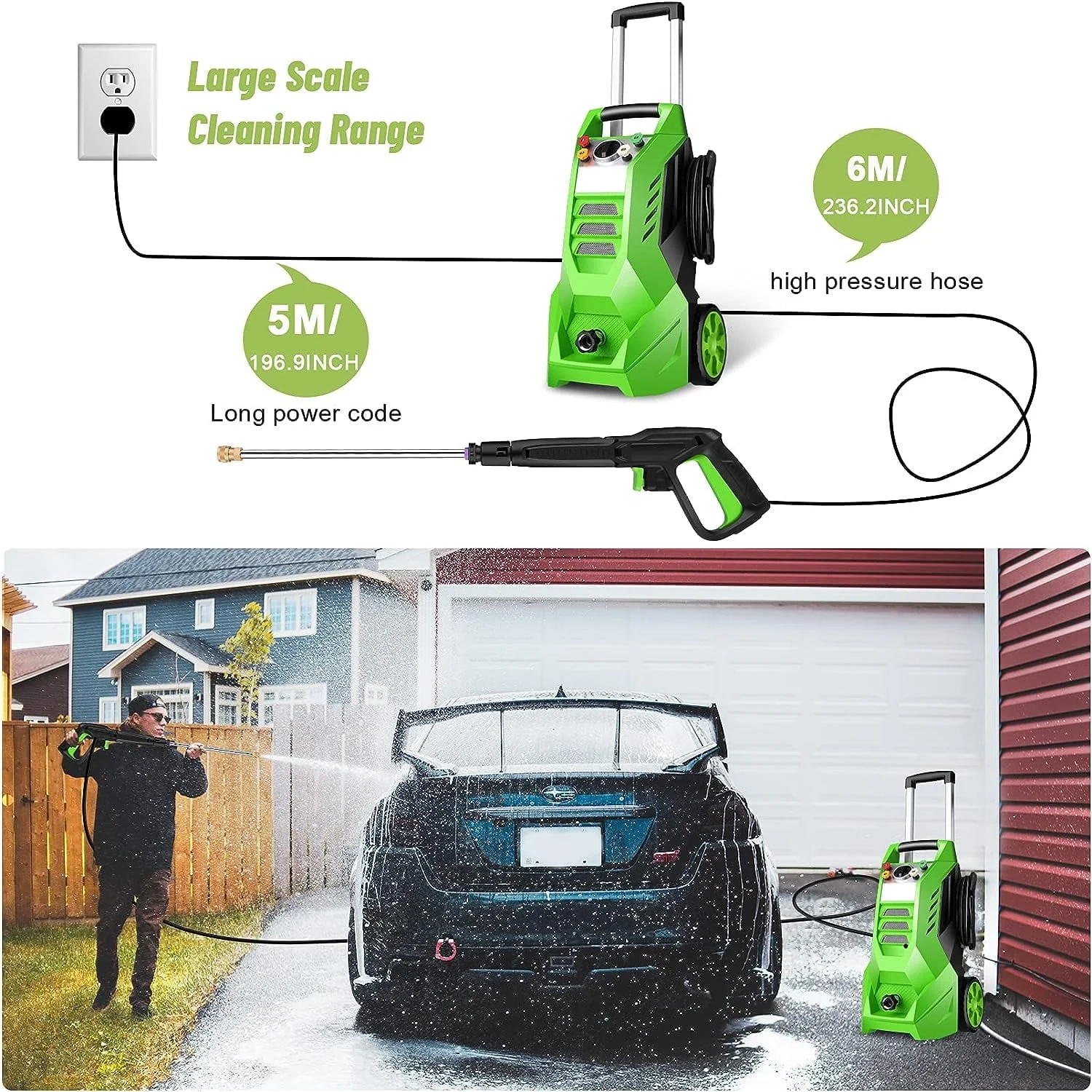 2.7GPM Electric Pressure Washer Power Washer 1800W High Pressure Washer Cleaner Machine with 4 Changeable Nozzle & Hose Reel, Best for Cleaning Patio, Garden,Yard (Green) - Image 7