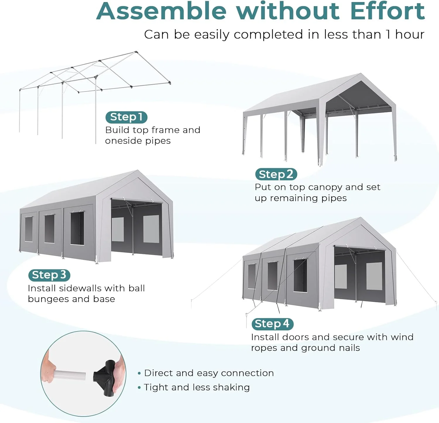 Vitarpatio Carport, 10x20 ft Heavy Duty Car Port Canopy with 6 Roll-up Windows, Reinforced Metal Carport Portable Garage Waterproof Car Tent with Removable Sidewalls & Door - Image 4