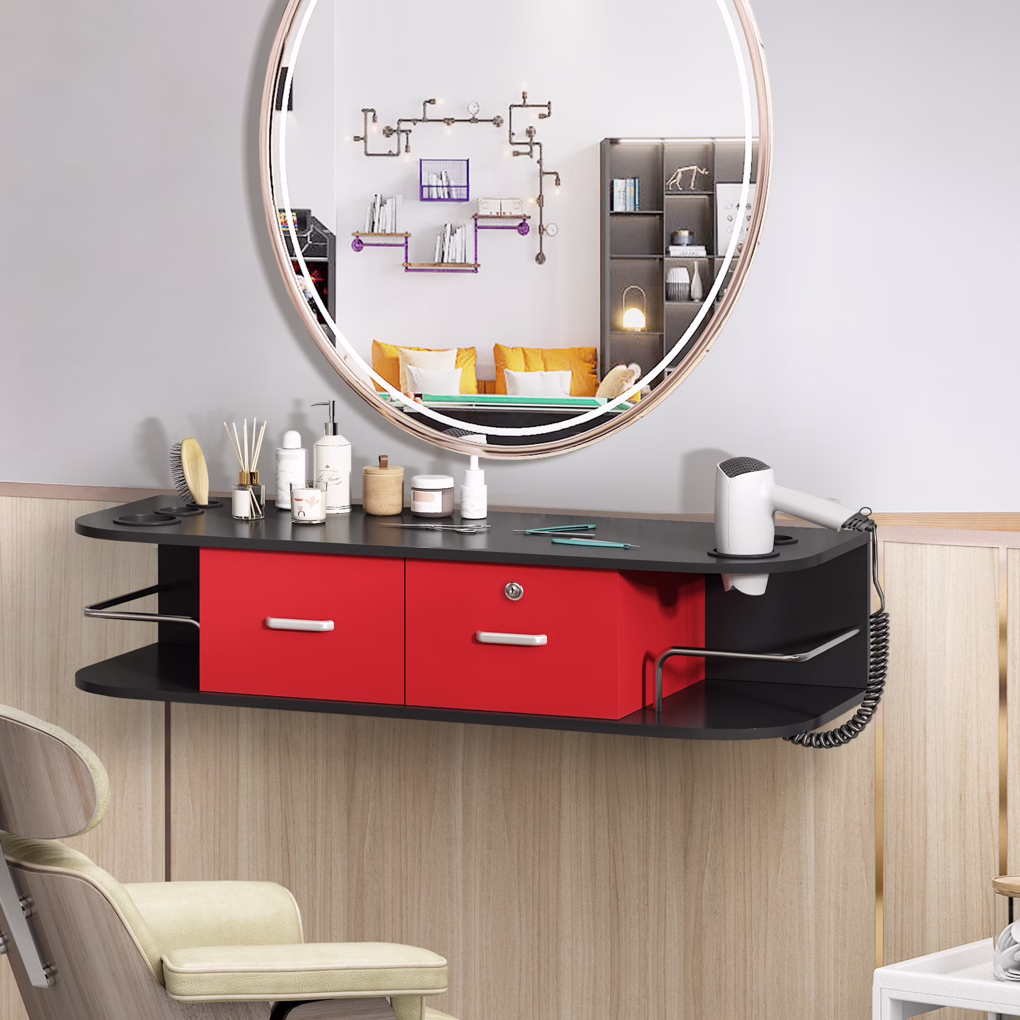 RESHABLE Modern Wall-Mounted Salon Station Barber Cabinet with Locking Drawer Storage Table for Hair Stylist Black - Image 3