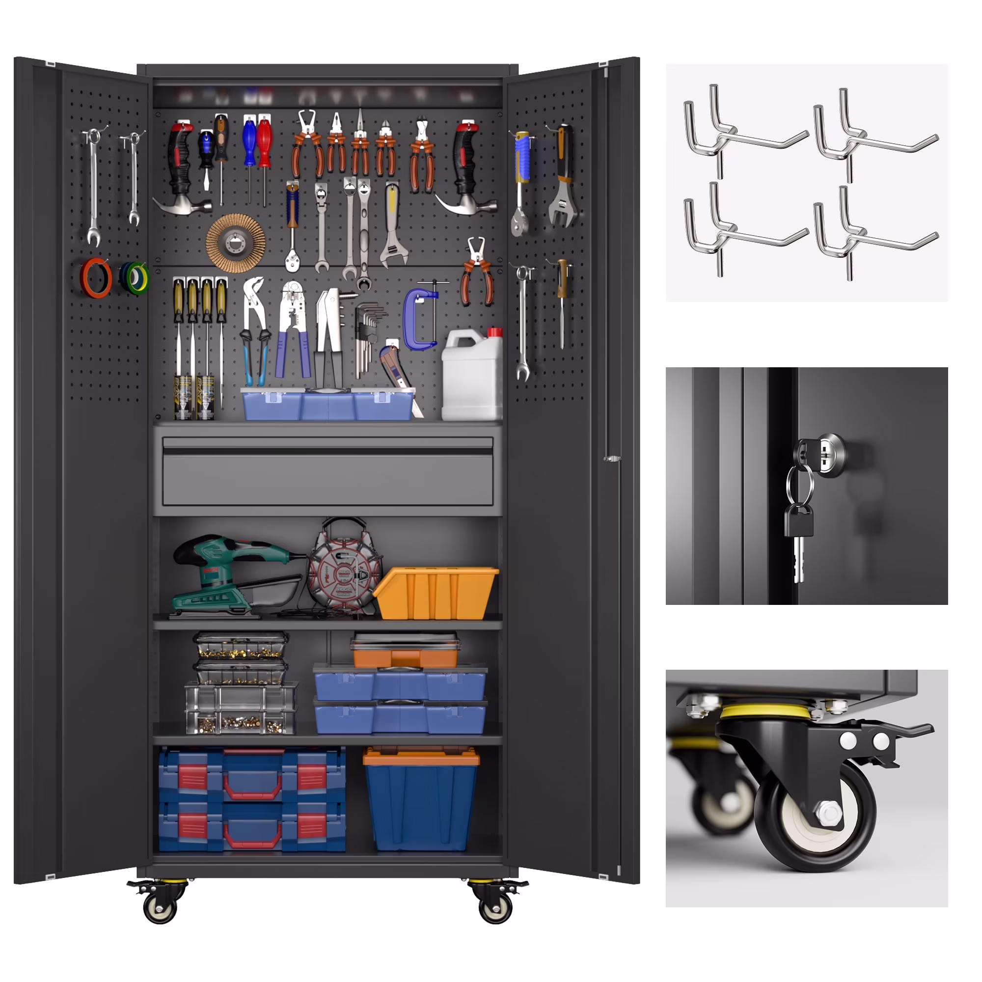Gaeanet Rolling Tool Storage Cabinet with 5 Adjustable Shelves and Pegboard,Metal Garage Storage Cabinet with Wheels for Garage Home Office Utility Room,71" H-32" W-16" D,Required Assembly, Black - Image 26
