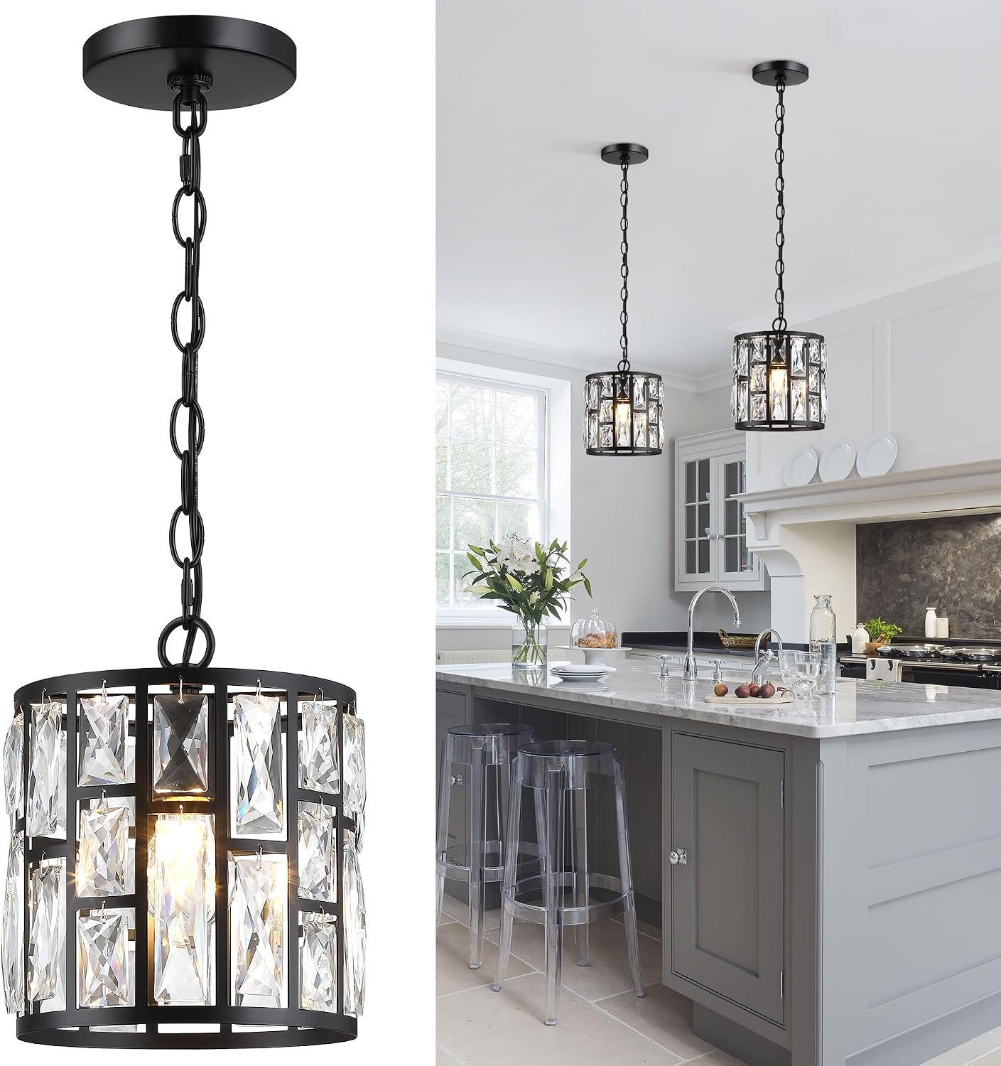 Modern Crystal Pendant Light Fixture 3-Pack, Matte Black Finish Hanging Lighting, Crystal Chandelier for Living Room, Kitchen, Hallway - Image 18