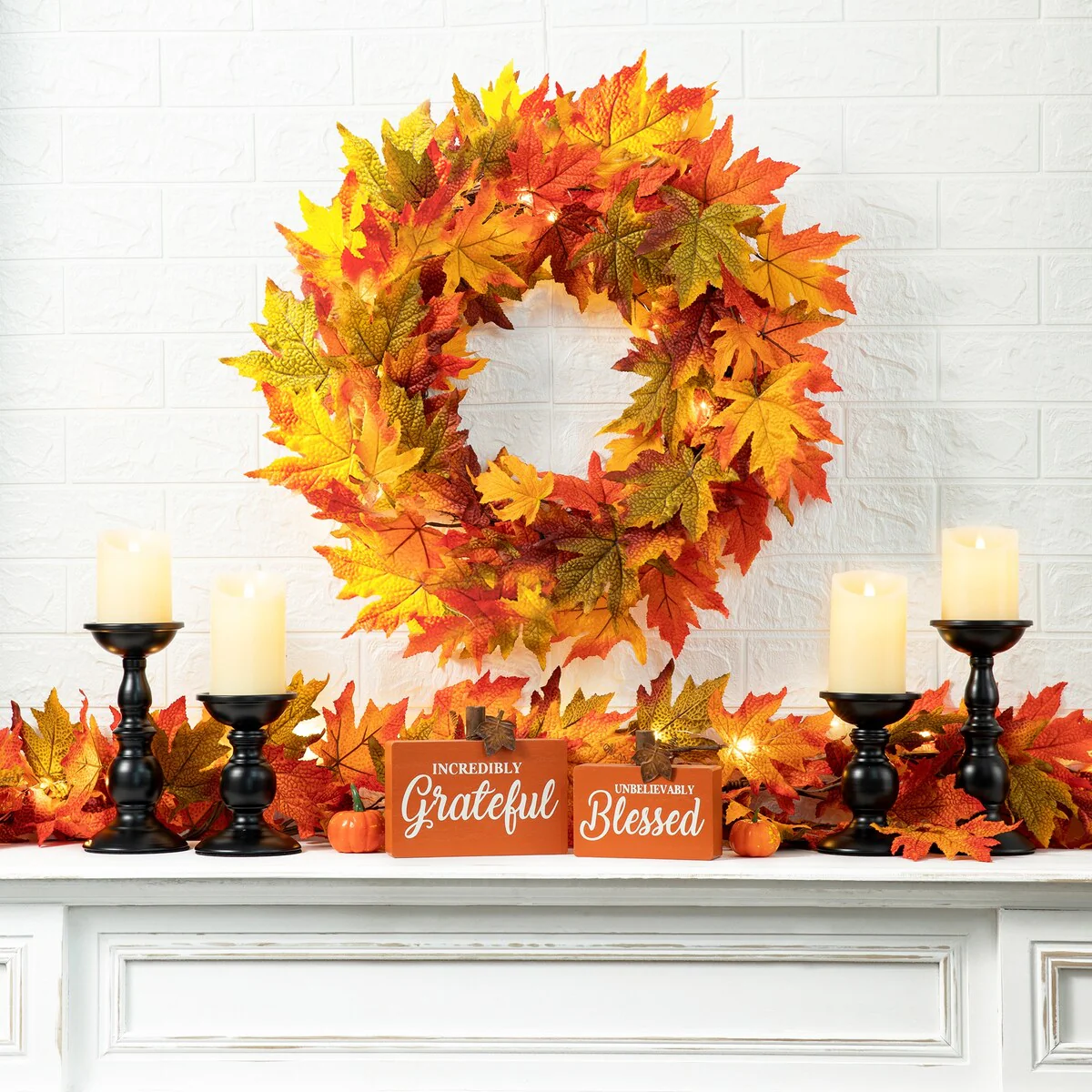 Thanksgiving LED Lighted Fall Maple Leaf Wreath and Garland - Autumn Home Decor - Image 4