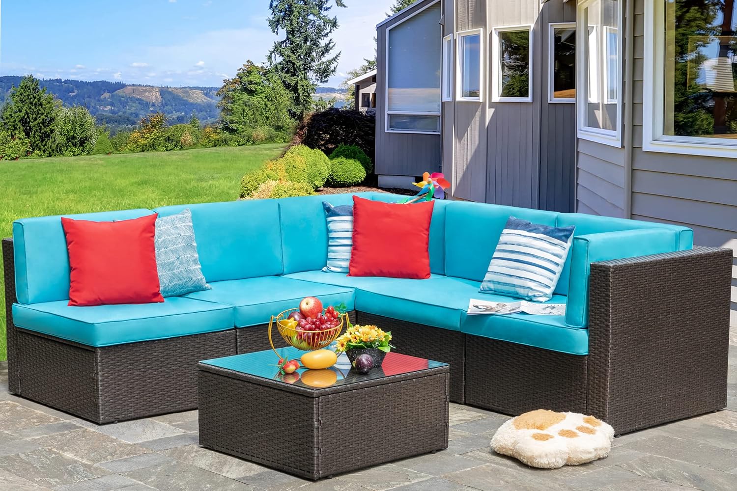 5-Piece All-Weather Patio Furniture Set with Ottoman, Outdoor Wicker Conversation Sofa Set with Cushions for Garden, Deck & Backyard - Image 9